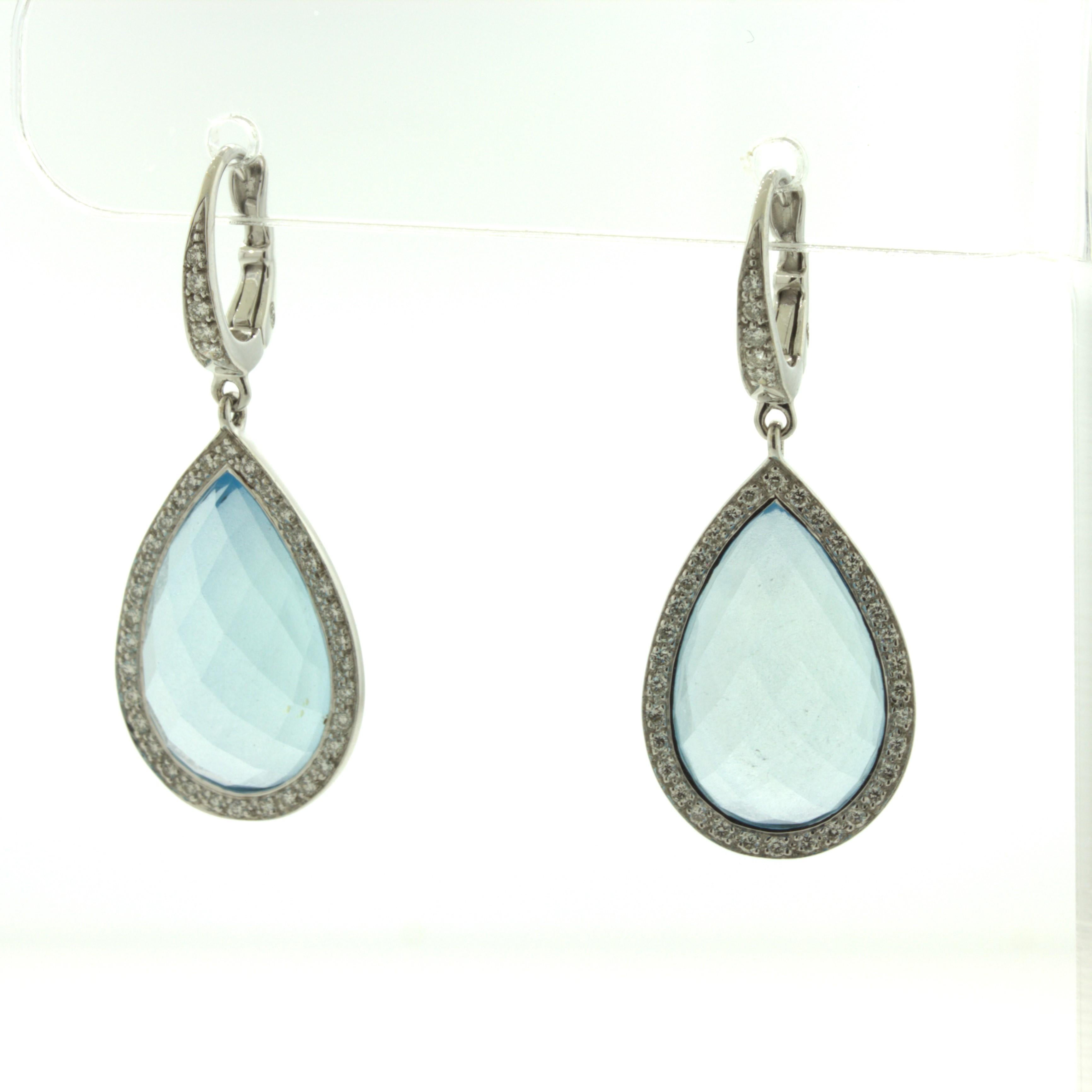 Blue Topaz Diamond Halo 18k White Gold Drop Earrings For Sale 2