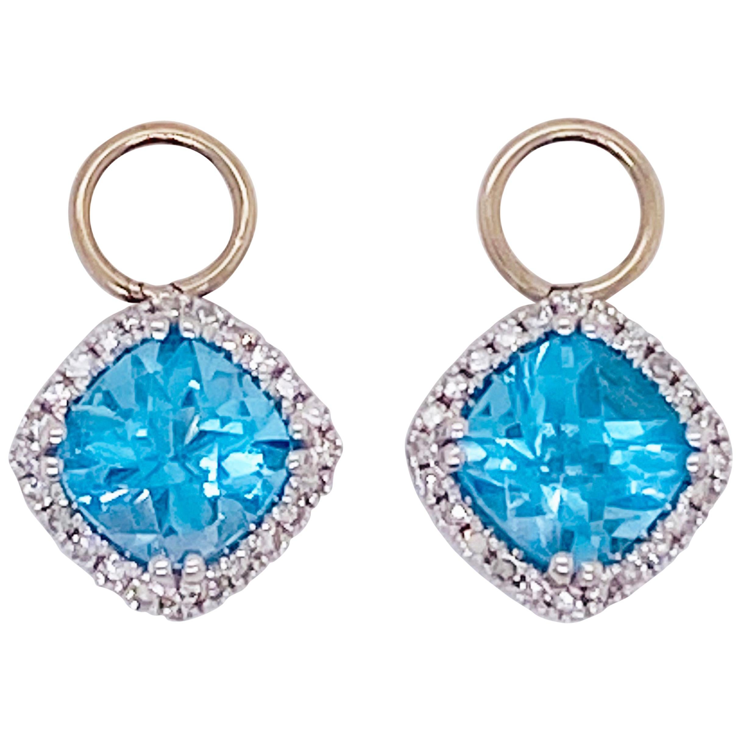 Boucles d'oreilles Charms Topaze bleue et diamant Halo or 14 carats 2.5 Carat Hoop Charm Set en vente