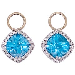 Earring Charms Blue Topaz & Diamond Halo 14 Karat Gold 2.5 Carat Hoop Charm Set