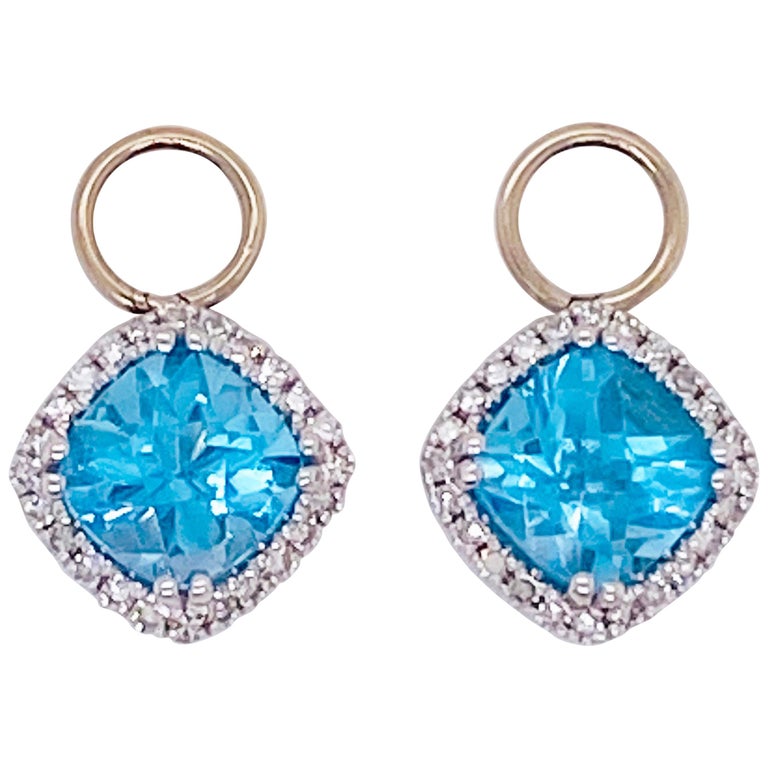 Earring Charms Blue Topaz and Diamond Halo 14 Karat Gold 2.5 Carat Hoop