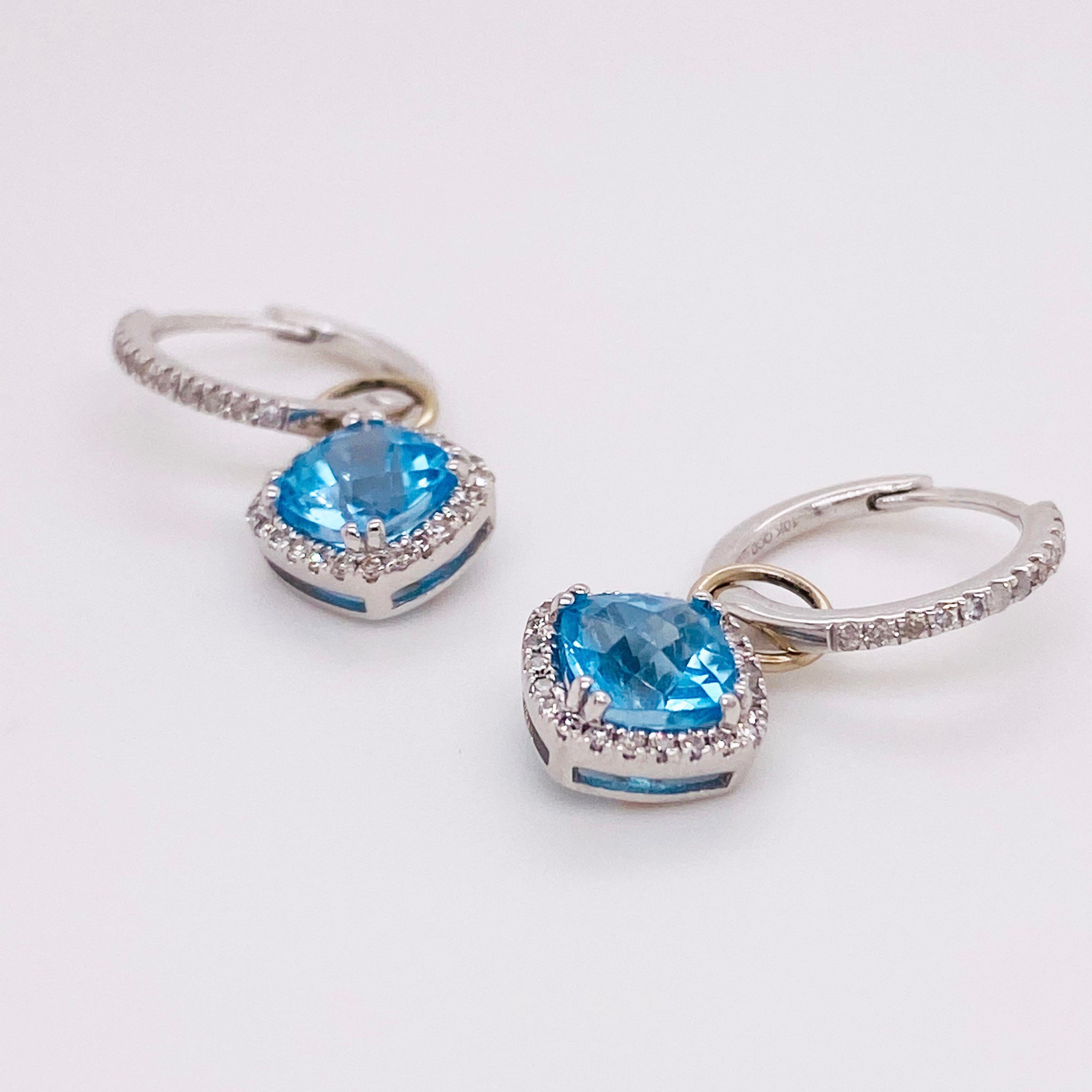 Modern Earring Charms Blue Topaz & Diamond Halo 14 Karat Gold 2.5 Carat Hoop Charm Set For Sale