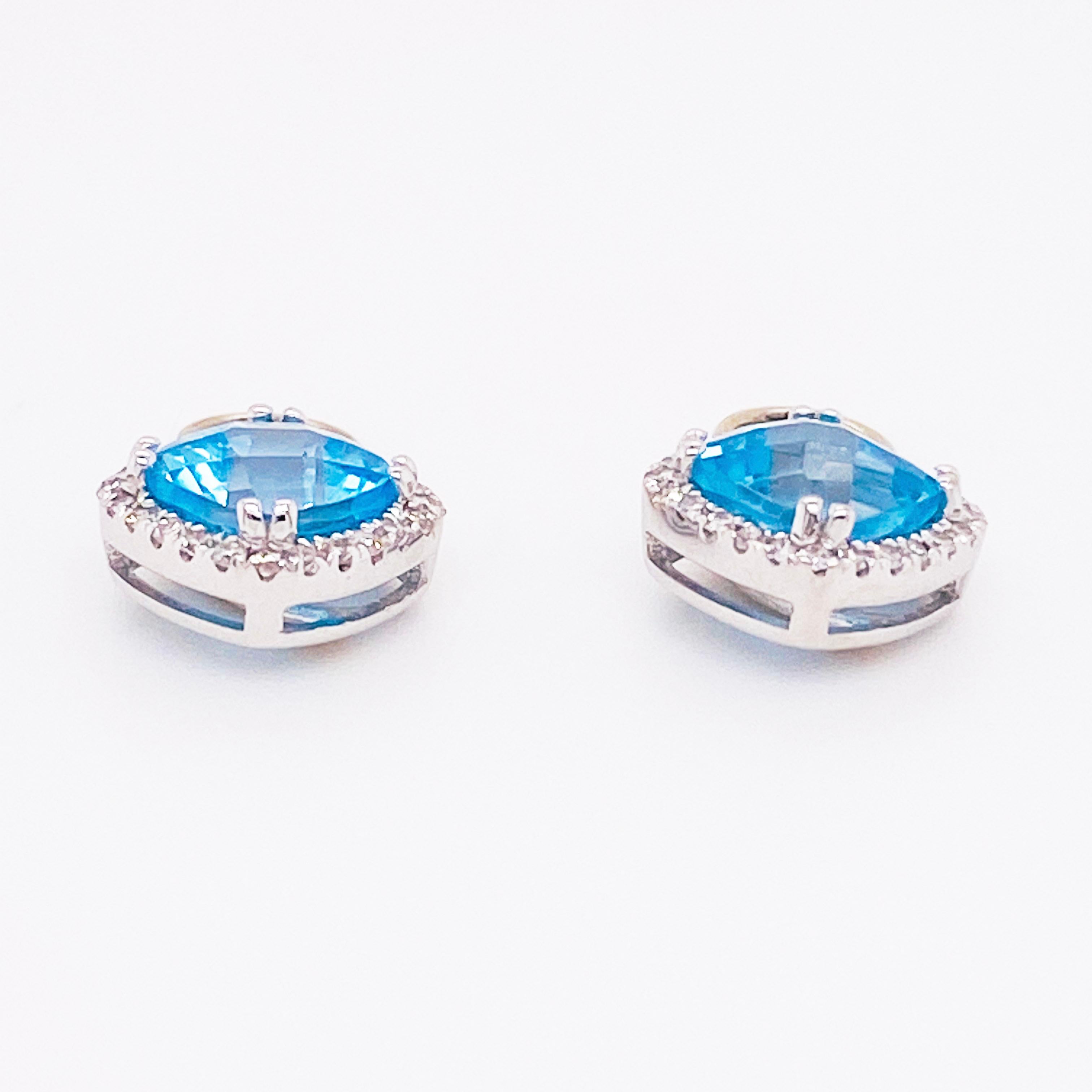Cushion Cut Earring Charms Blue Topaz & Diamond Halo 14 Karat Gold 2.5 Carat Hoop Charm Set For Sale