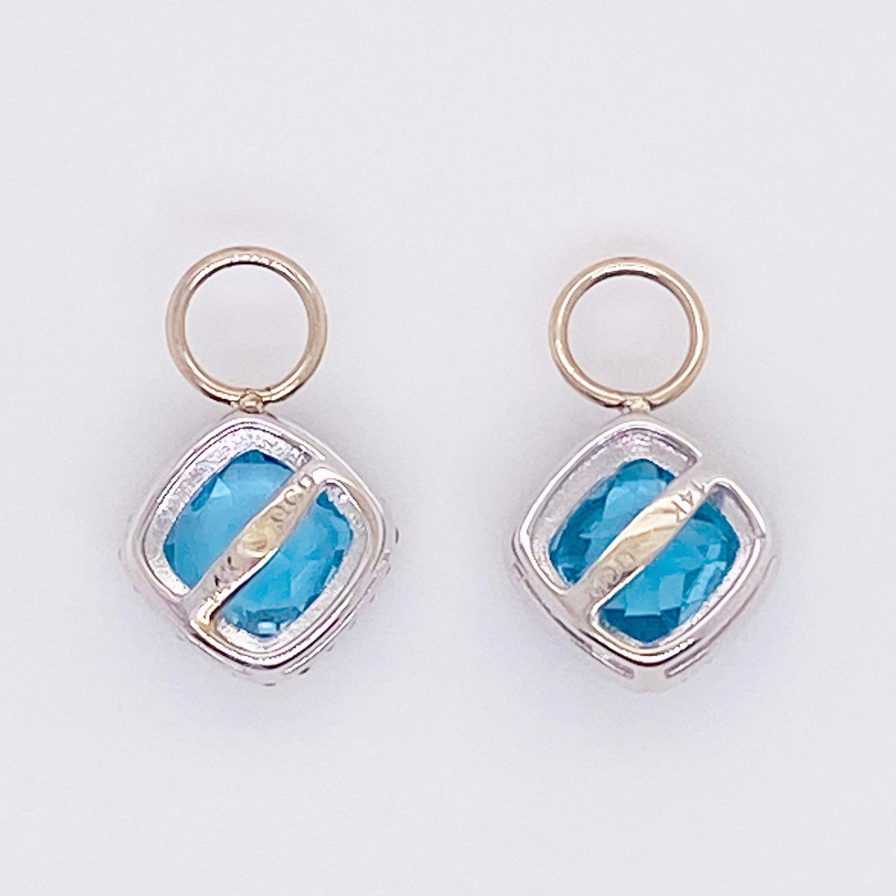 Women's Earring Charms Blue Topaz & Diamond Halo 14 Karat Gold 2.5 Carat Hoop Charm Set For Sale