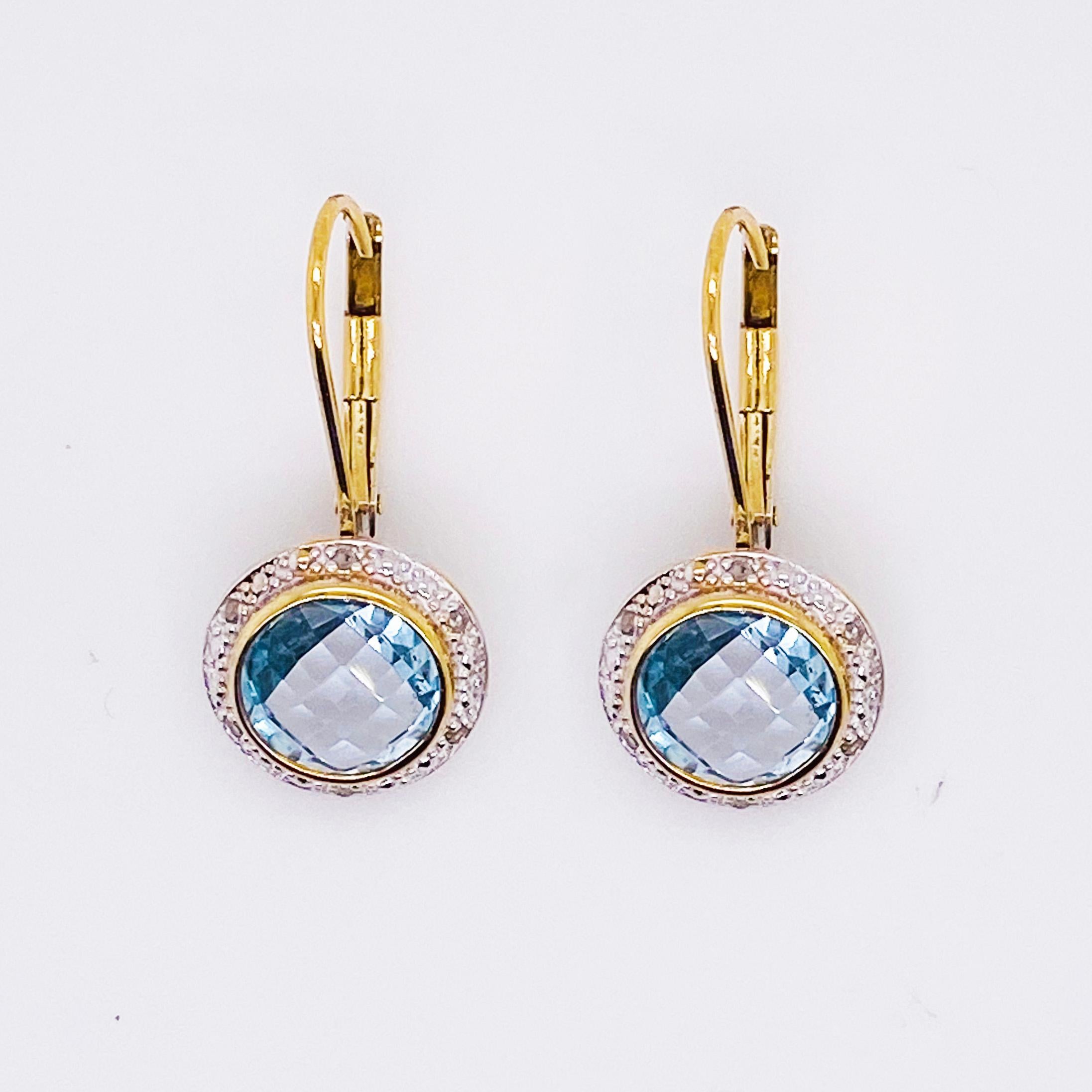 Round Cut Blue Topaz and Diamond Halo Earring Drops Sterling Silver and 14 Karat Gold