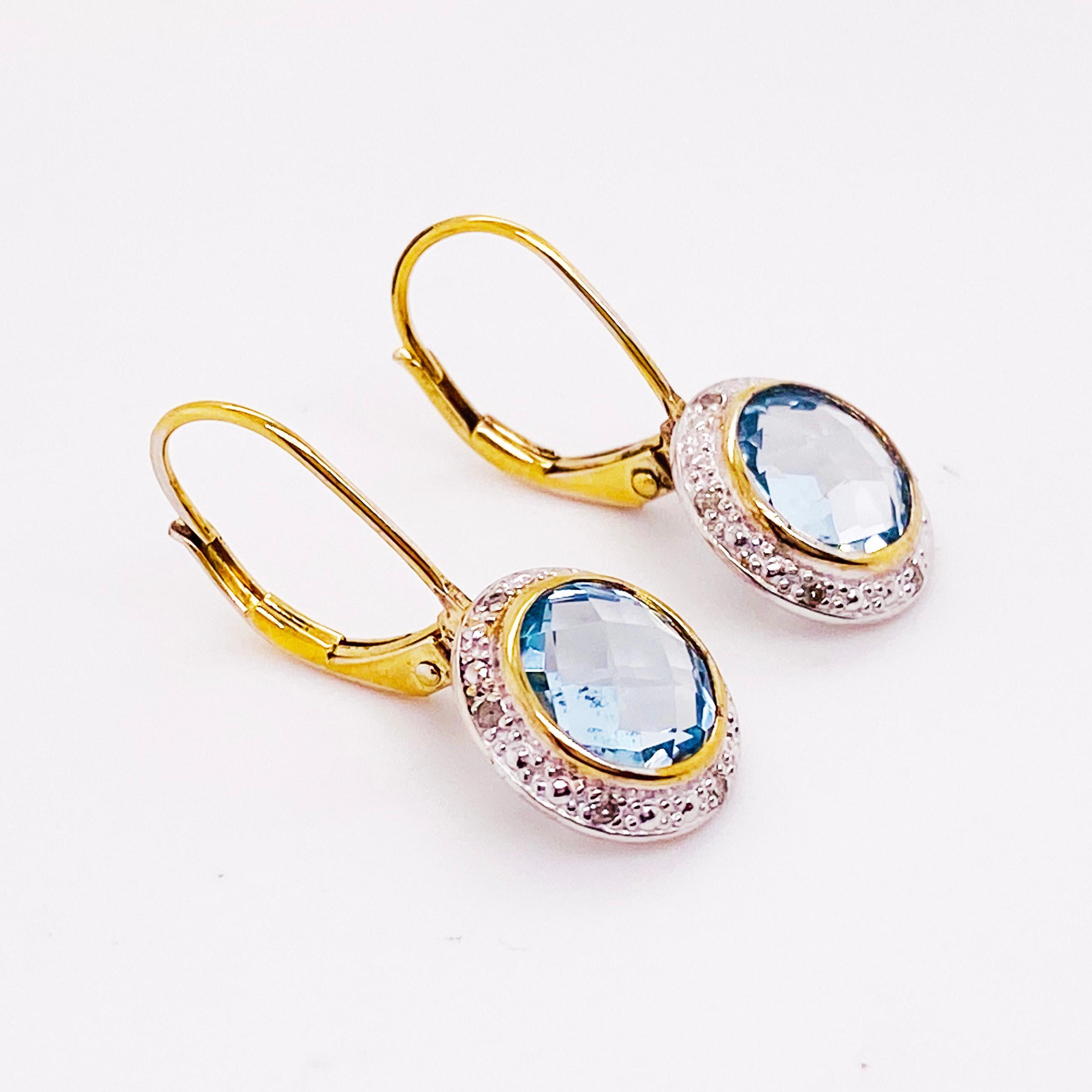 Blue Topaz and Diamond Halo Earring Drops Sterling Silver and 14 Karat Gold In New Condition In Austin, TX