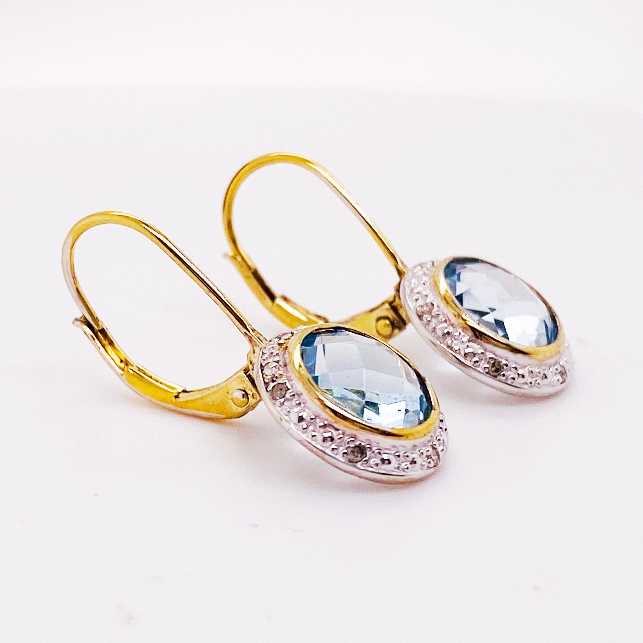 Women's Blue Topaz and Diamond Halo Earring Drops Sterling Silver and 14 Karat Gold