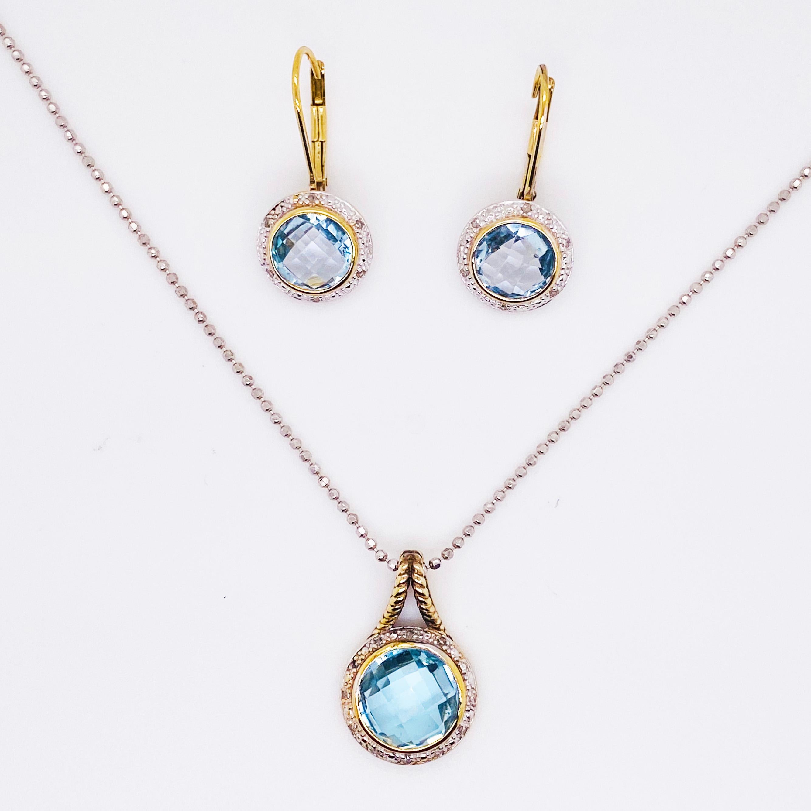Blue Topaz and Diamond Halo Earring Drops Sterling Silver and 14 Karat Gold 2