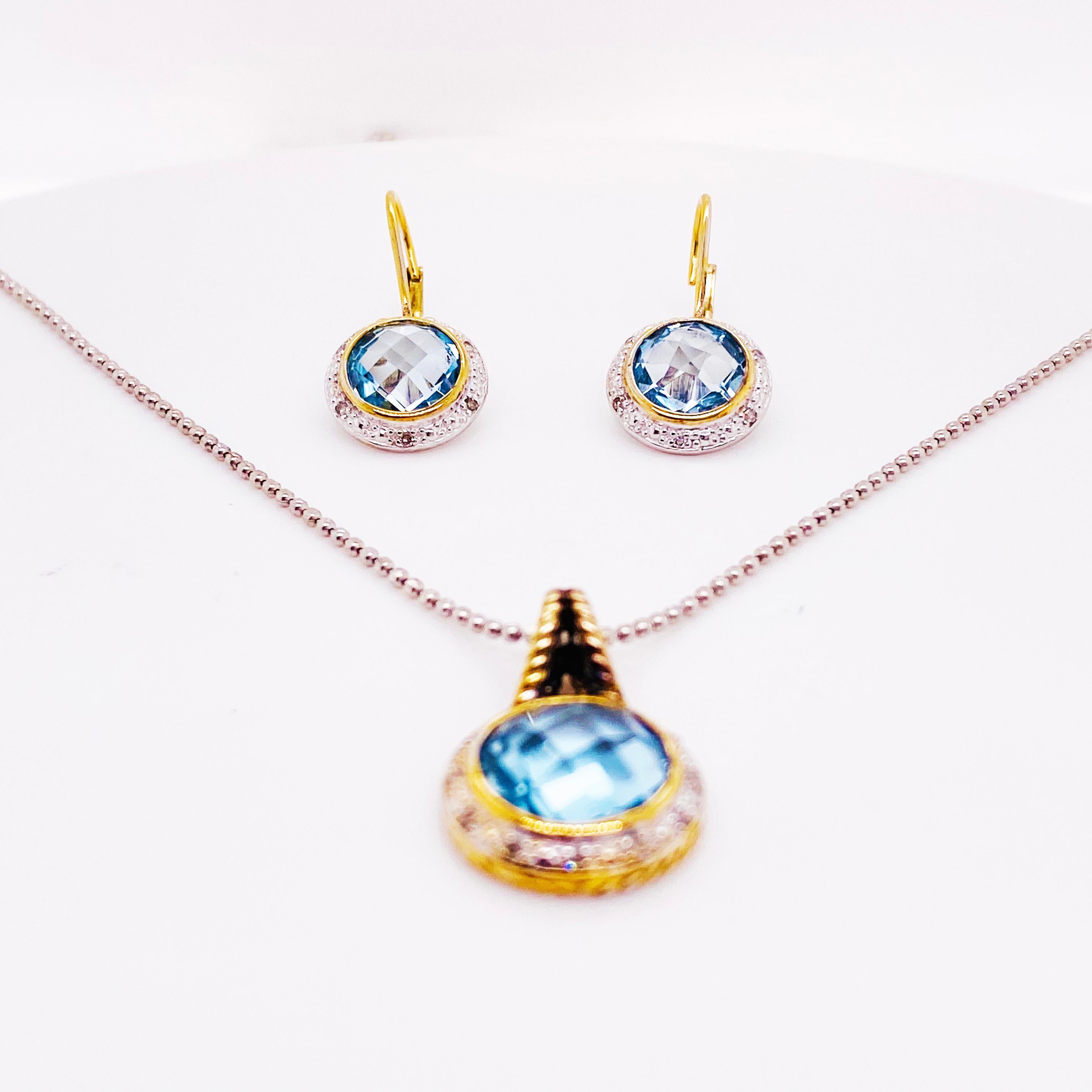 Blue Topaz and Diamond Halo Earring Drops Sterling Silver and 14 Karat Gold 3