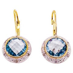 Blue Topaz and Diamond Halo Earring Drops Sterling Silver and 14 Karat Gold