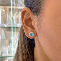 Blue Topaz and Diamond Halo Studs, 14K White Gold, December Birthstone, Cushion
