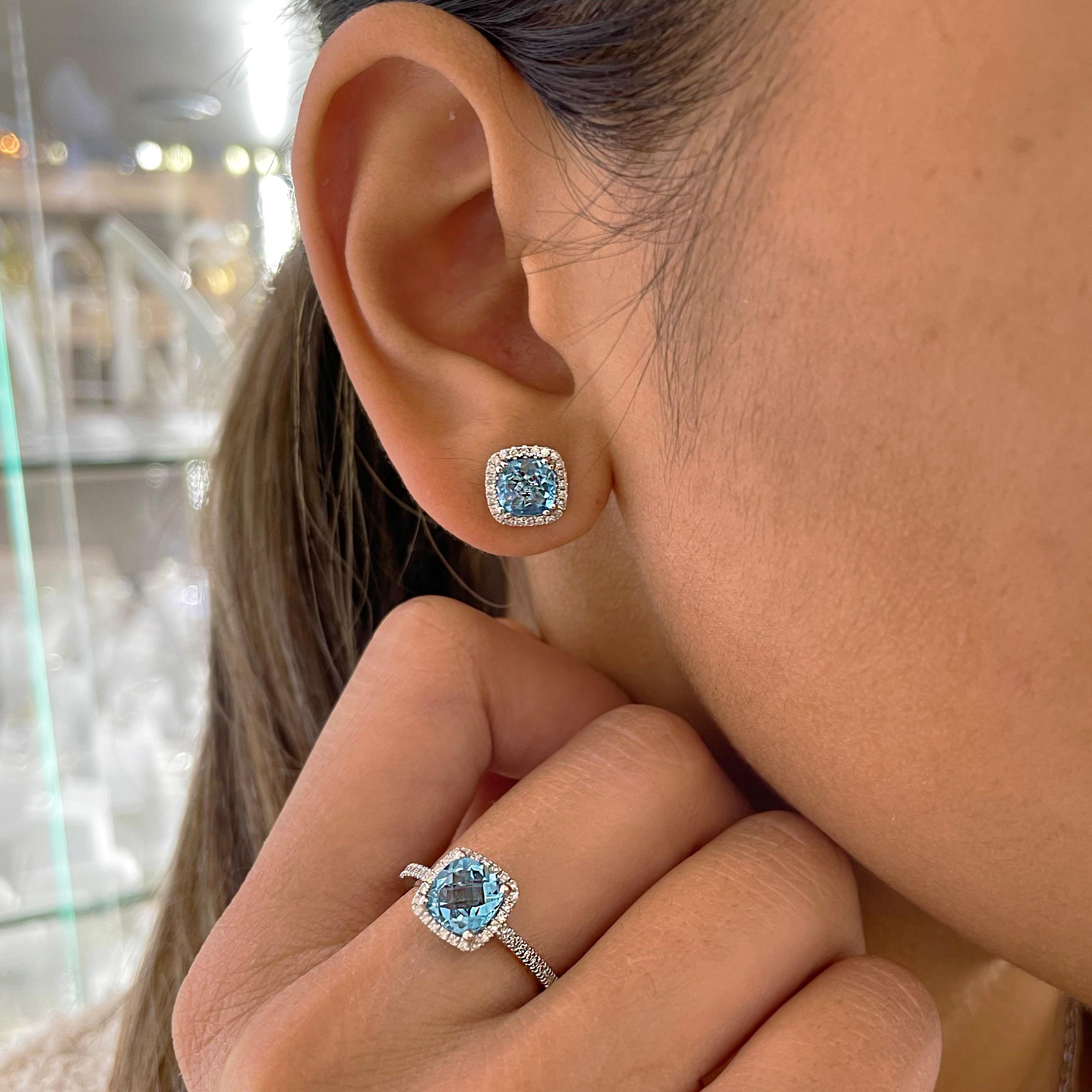 Contemporary Blue Topaz Diamond Halo Earrings in 14K White Gold Stud Earrings Post Earrings For Sale