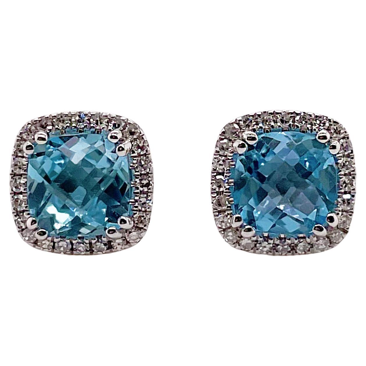 Blue Topaz Diamond Halo Earrings in 14K White Gold Stud Earrings Post Earrings