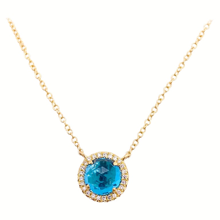 Blue Topaz Diamond Halo Necklace, 1.47 Carats Diamond and Royal Blue Topaz