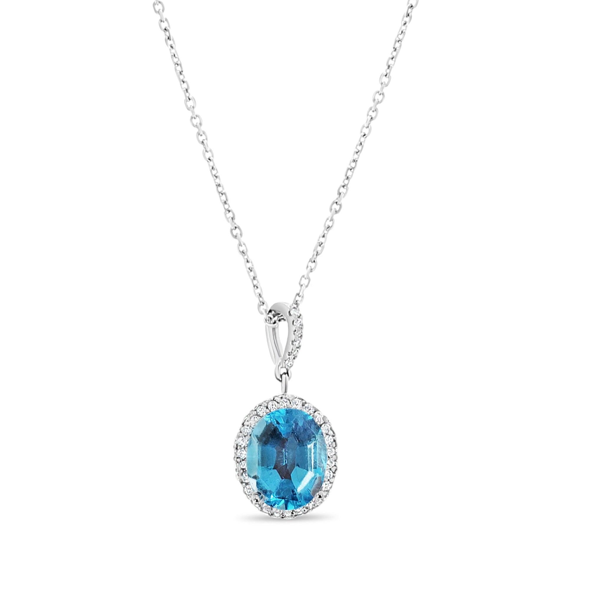 Collier Halo en or blanc 14k avec topaze bleue et diamant