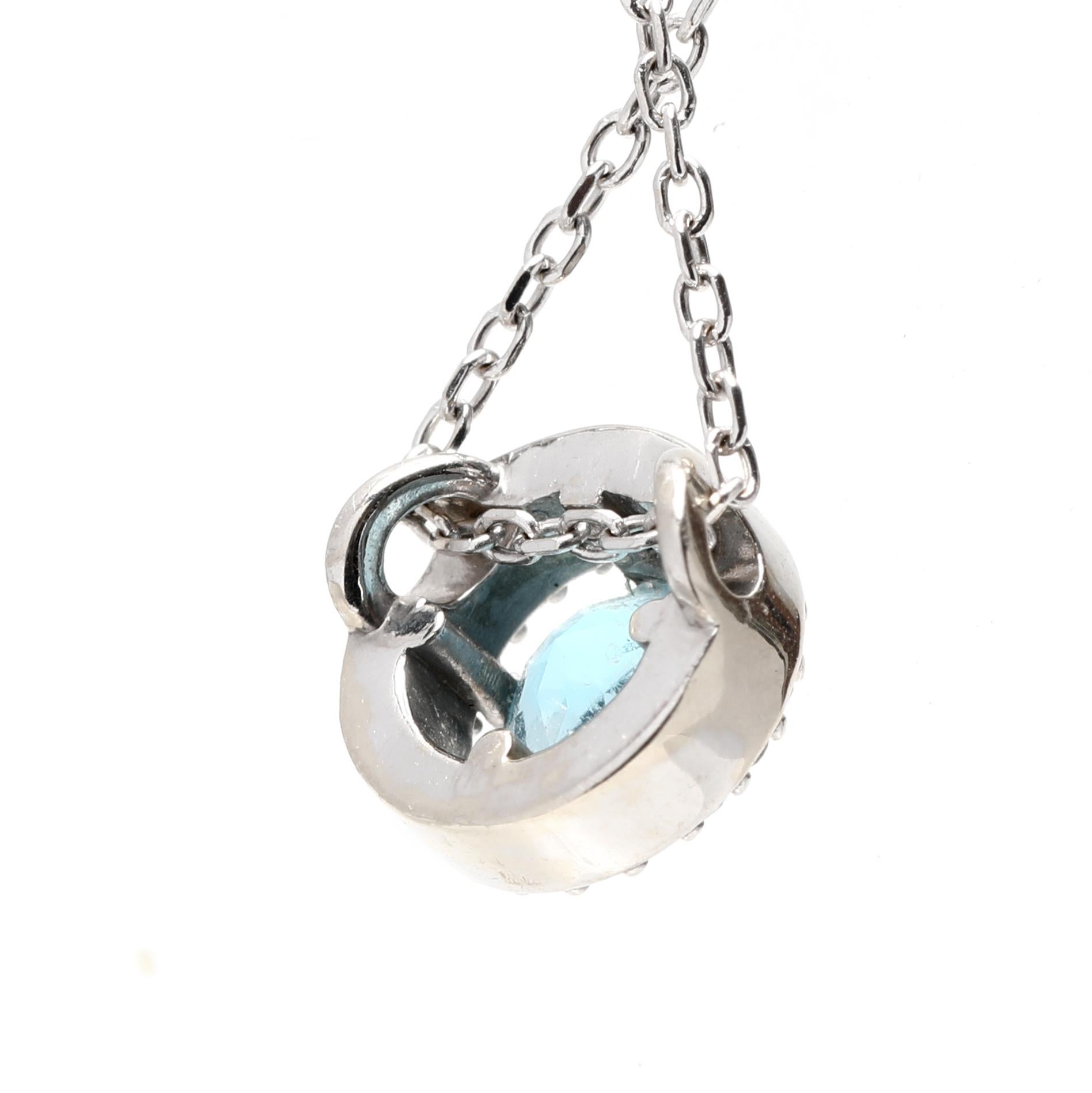 Round Cut Blue Topaz Diamond Halo Pendant Necklace, 14k White Gold For Sale