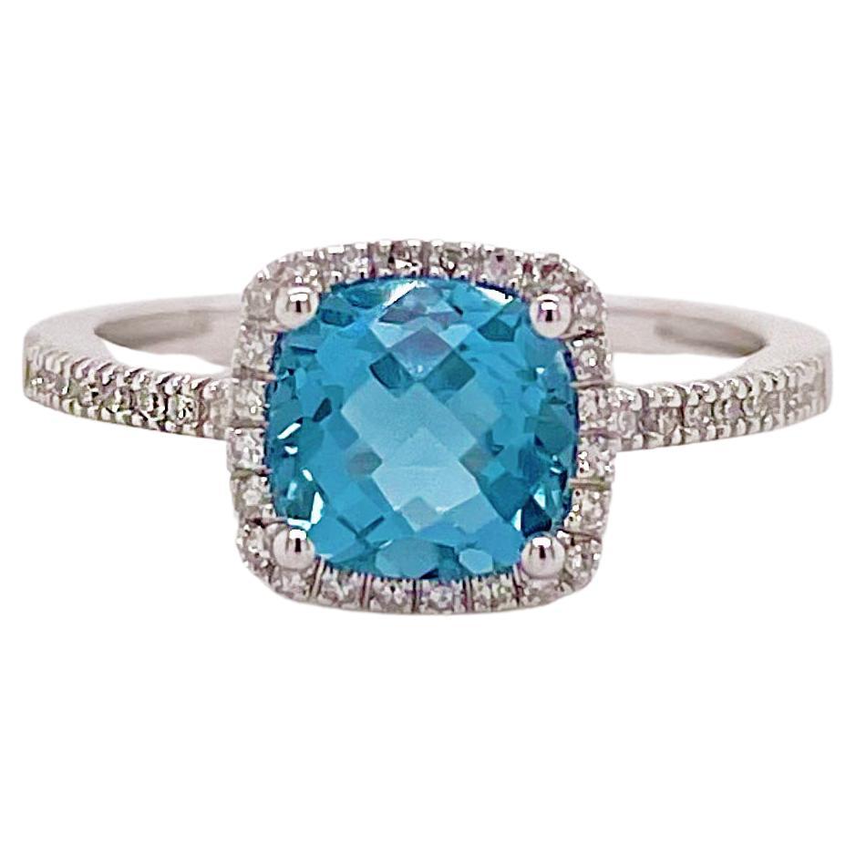 For Sale:  Blue Topaz & Diamond Halo Ring 14K White Gold Cushion December Birthstone
