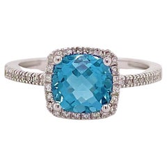 Blue Topaz & Diamond Halo Ring 14K White Gold Cushion December Birthstone