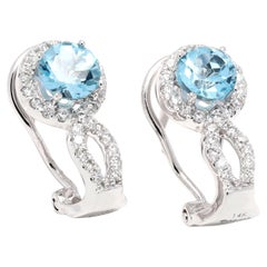 Blue Topaz Diamond J Hoop Earrings, 14k WhiteGold, Diamond Halo