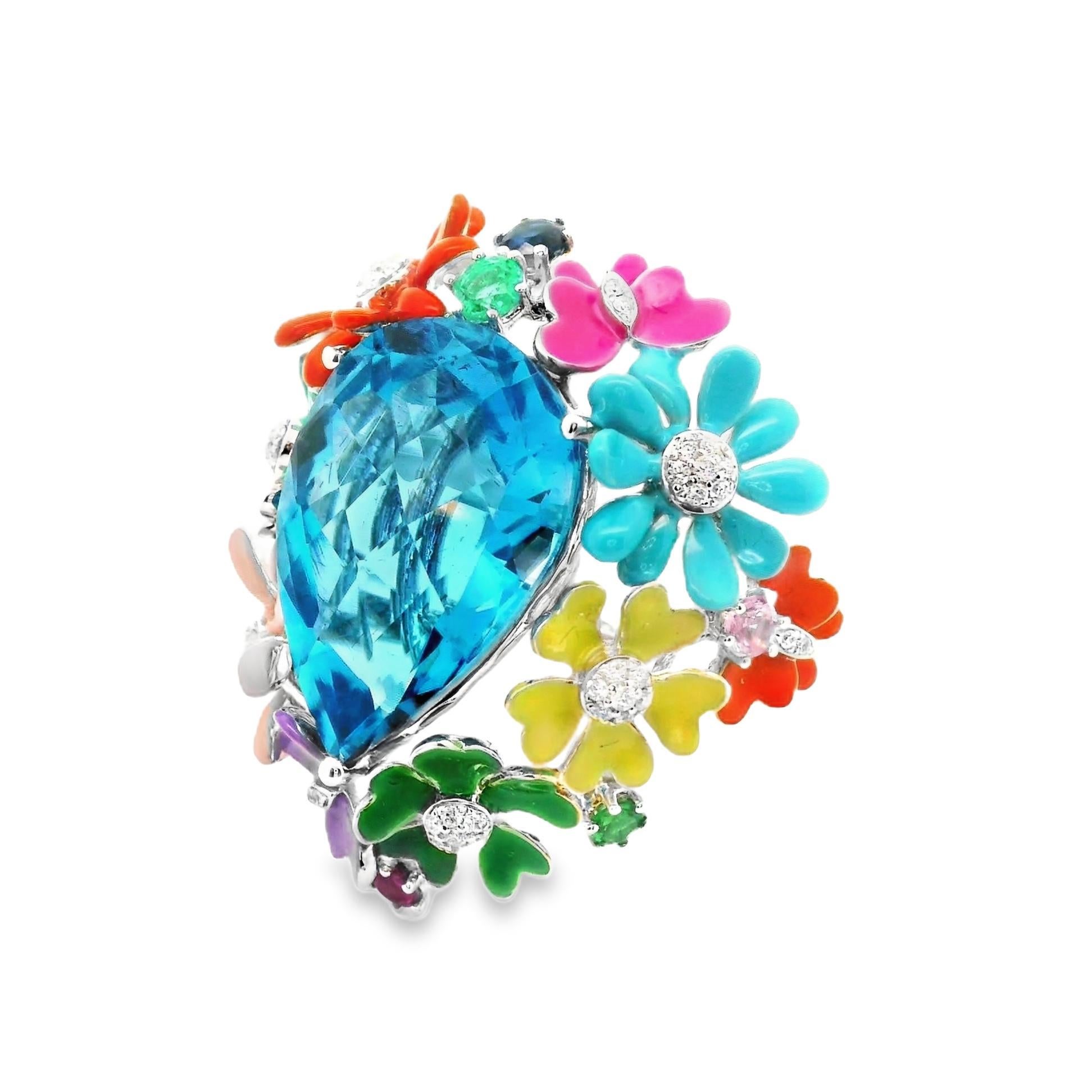 Pear Cut Blue Topaz Diamond Multi-Color Enamel Flower & Butterfly 18k White Gold Cocktail For Sale