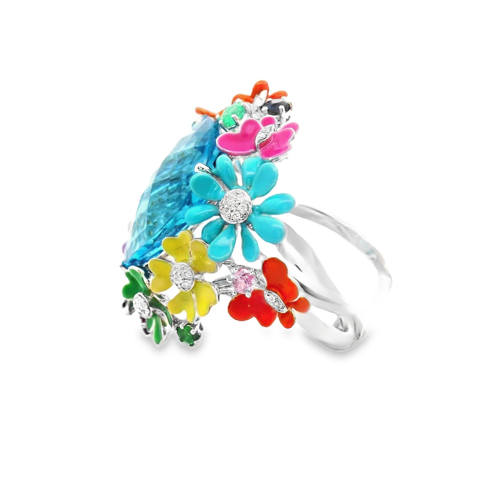 Blue Topaz Diamond Multi-Color Enamel Flower & Butterfly 18k White Gold Cocktail In New Condition For Sale In Beverly Hills, CA