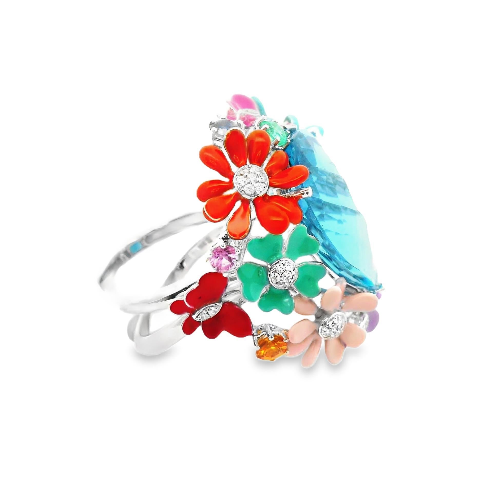 Women's Blue Topaz Diamond Multi-Color Enamel Flower & Butterfly 18k White Gold Cocktail For Sale