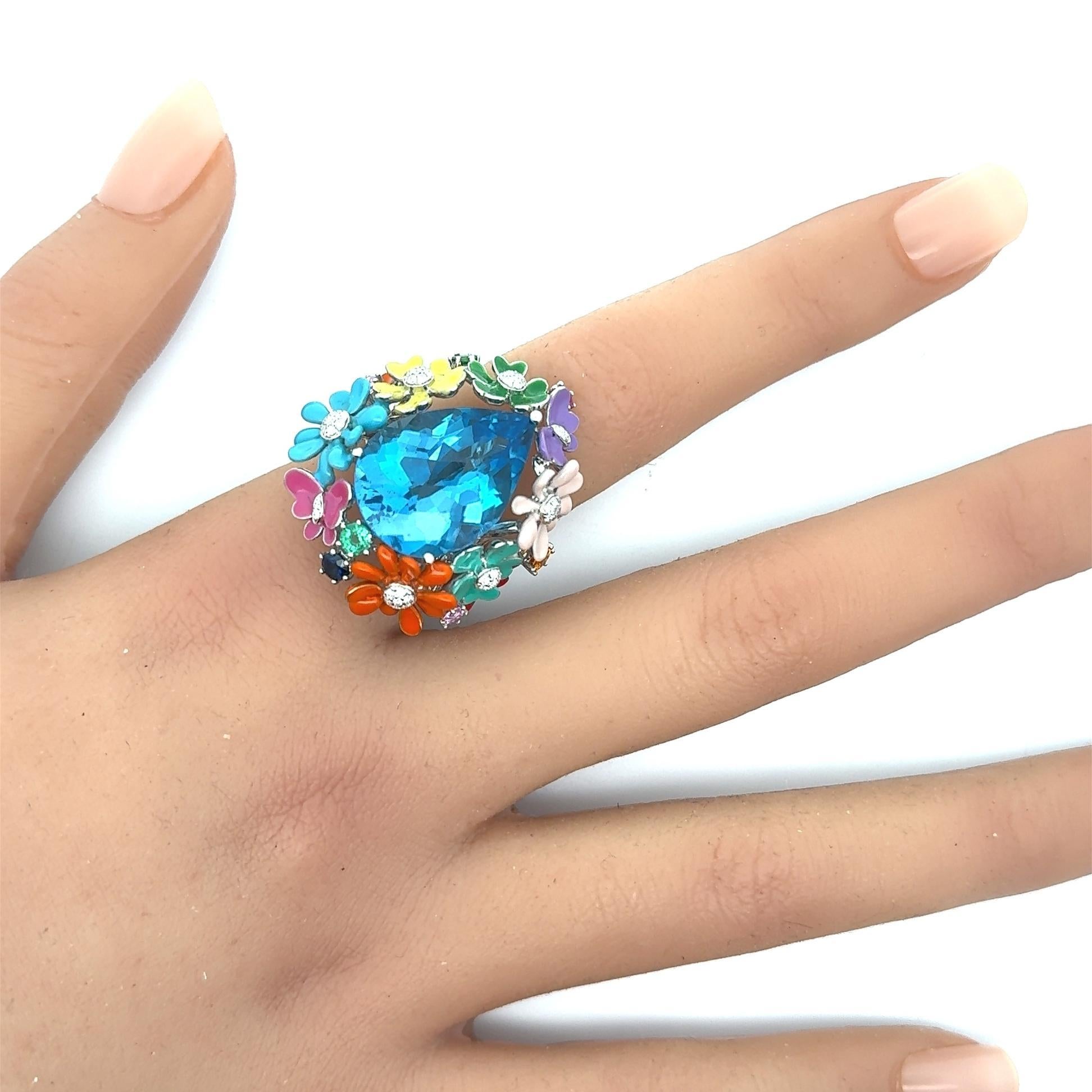 Blue Topaz Diamond Multi-Color Enamel Flower & Butterfly 18k White Gold Cocktail For Sale 1