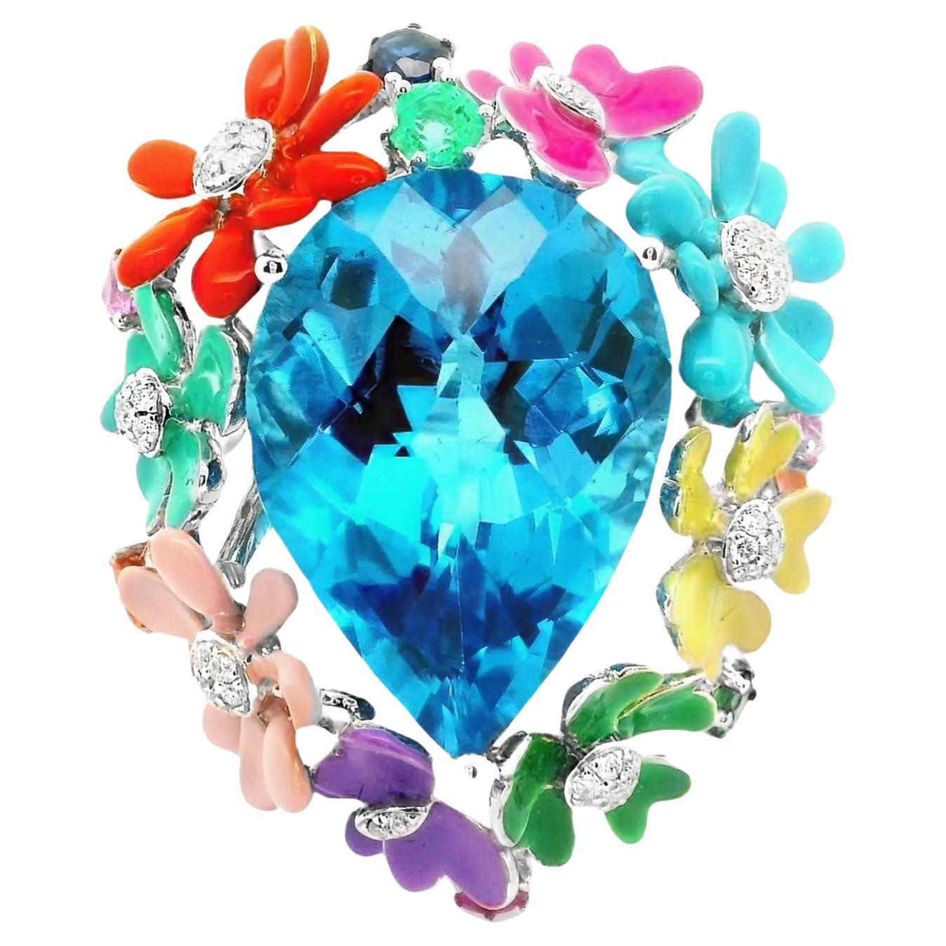 Blue Topaz Diamond Multi-Color Enamel Flower & Butterfly 18k White Gold Cocktail For Sale