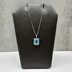 Blue Topaz Diamond Necklace 14kt White Gold Emerald Cut 0.13ctw New