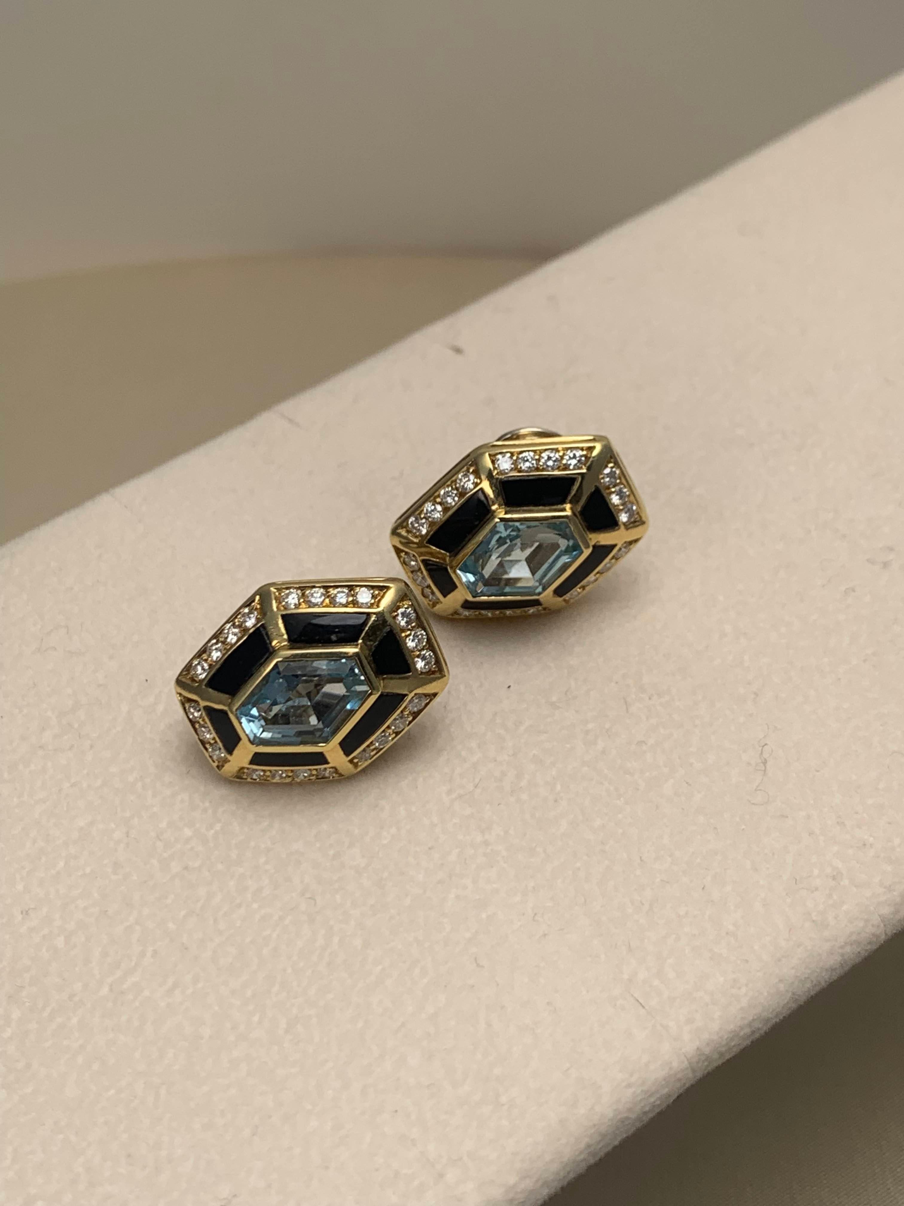 Orecchini a clip in oro giallo con diamante e topazio blu e onice In condizioni buone in vendita a Lisboa, PT