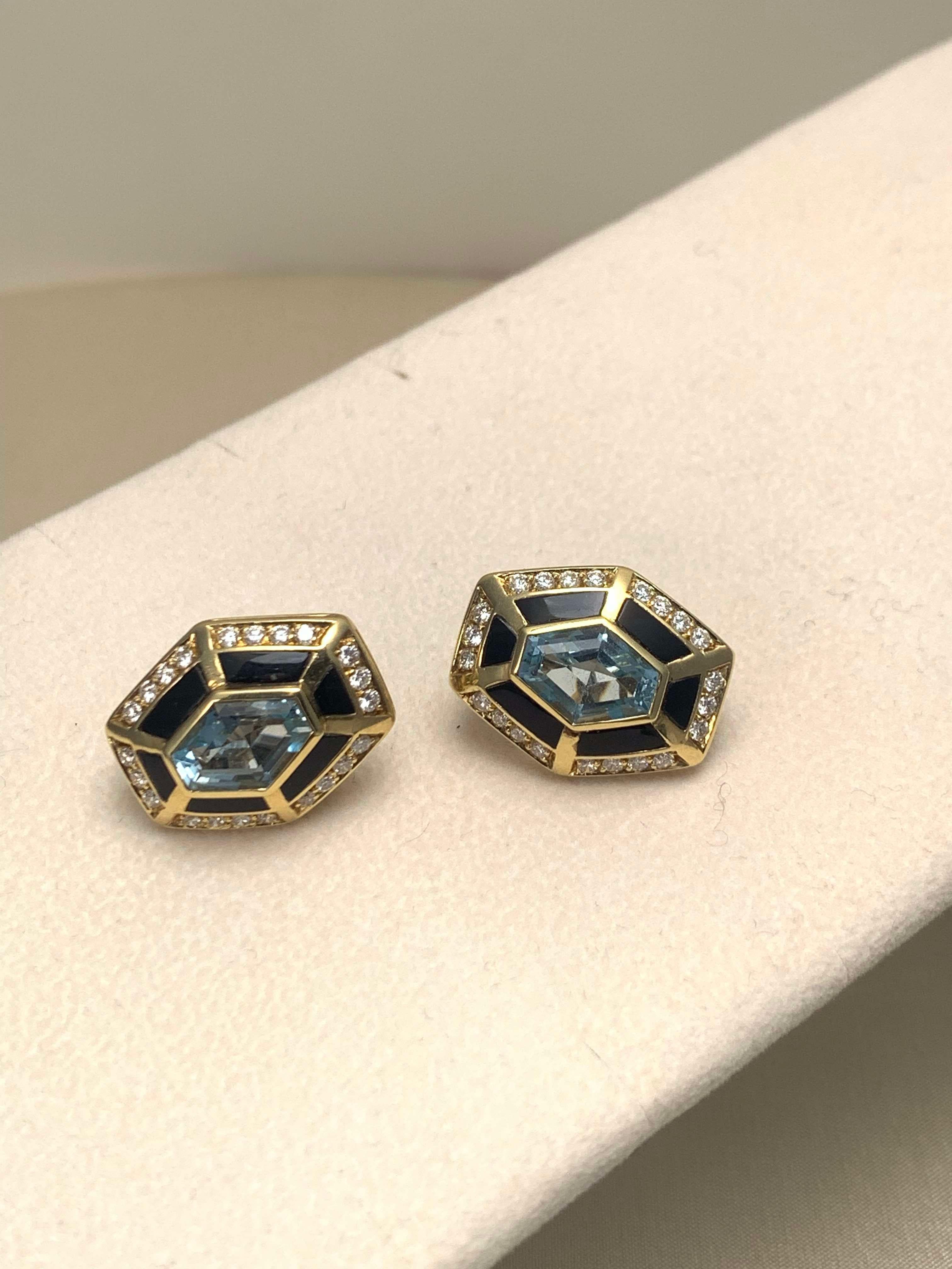 da uomo o donna Orecchini a clip in oro giallo con diamante e topazio blu e onice in vendita