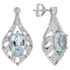Blue Topaz & Diamond Open Work Frame Art Deco Style Drop White Gold Earrings