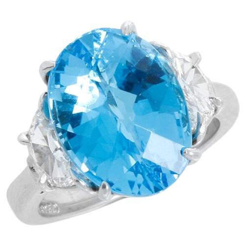 Blue Topaz & Diamond Platinum Ring Size 6.5 For Sale