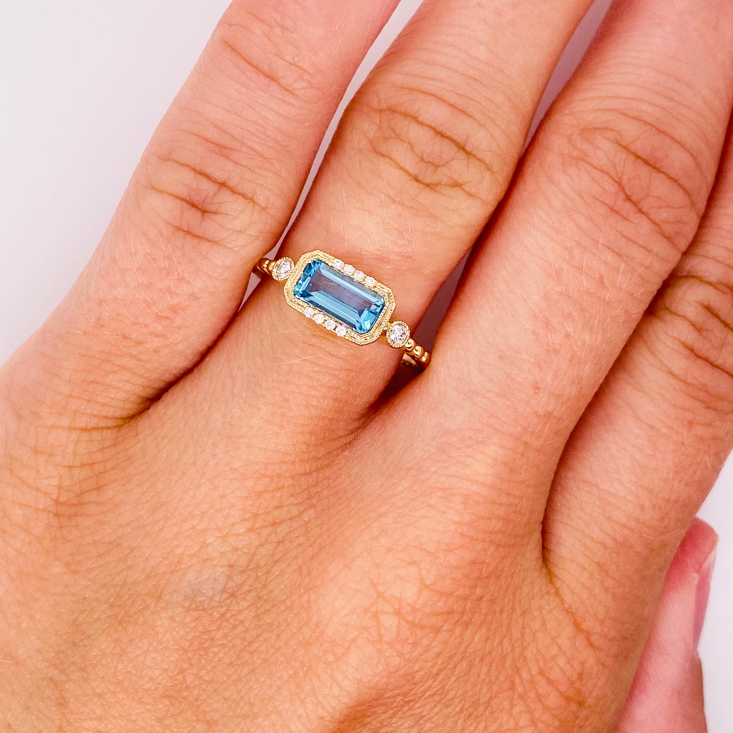 For Sale:  Blue Topaz Diamond Ring 14K Gold Emerald Cut Topaz Modern Ring, East to West 2