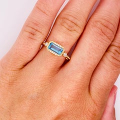 Blue Topaz Diamond Ring 14K Gold Emerald Cut Topaz Modern Ring, East to West