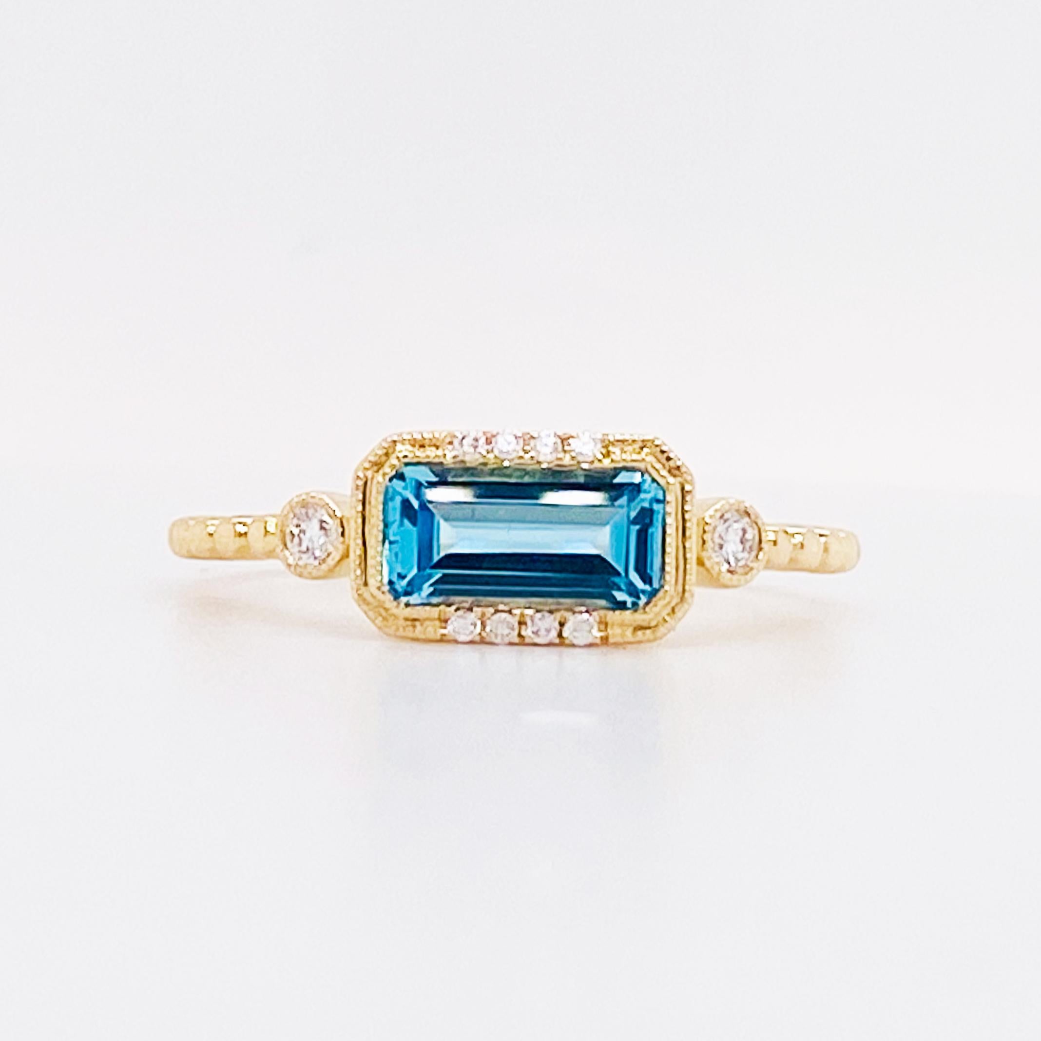For Sale:  Blue Topaz Diamond Ring 14K Gold Emerald Cut Topaz Modern Ring, East to West 3