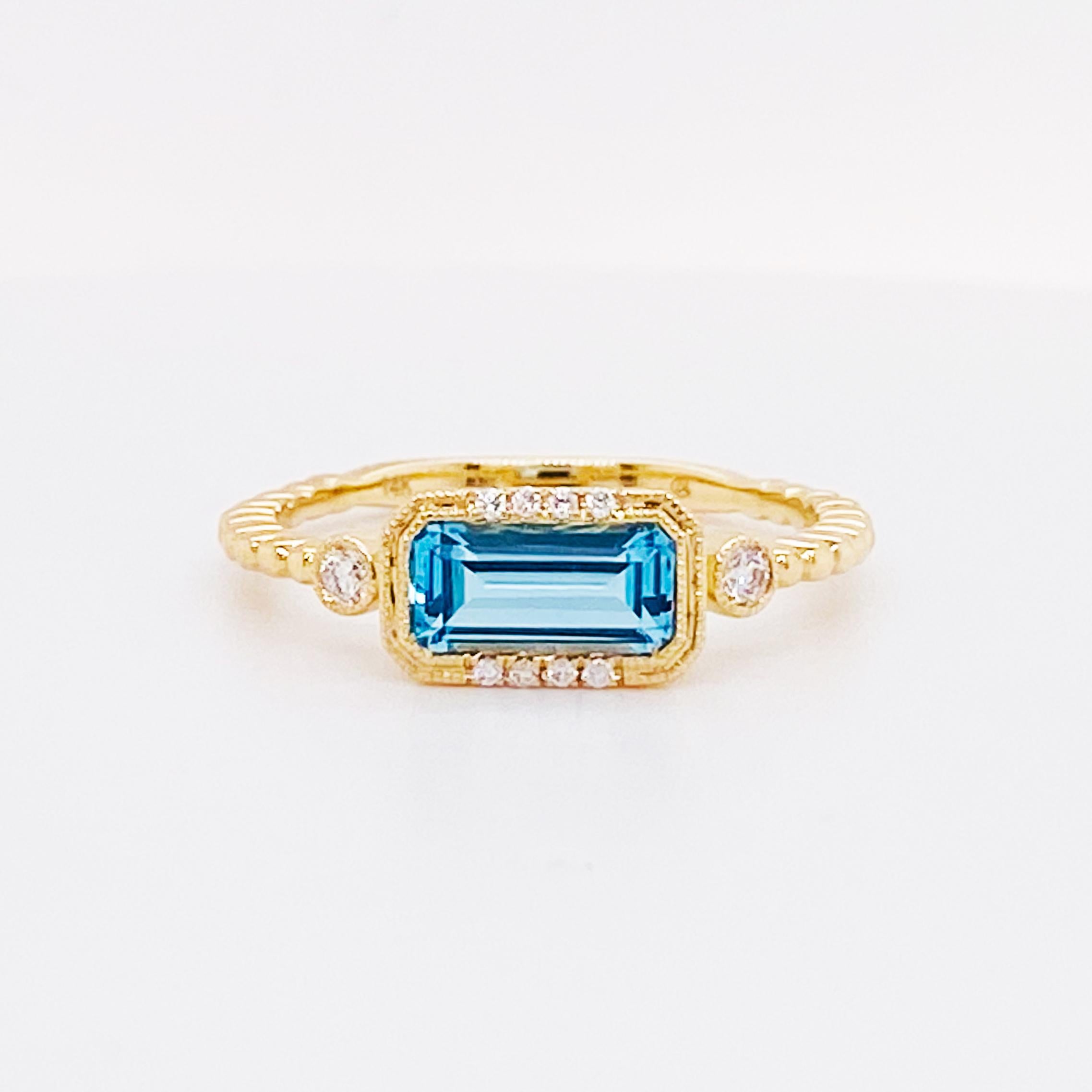 For Sale:  Blue Topaz Diamond Ring 14K Gold Emerald Cut Topaz Modern Ring, East to West 4