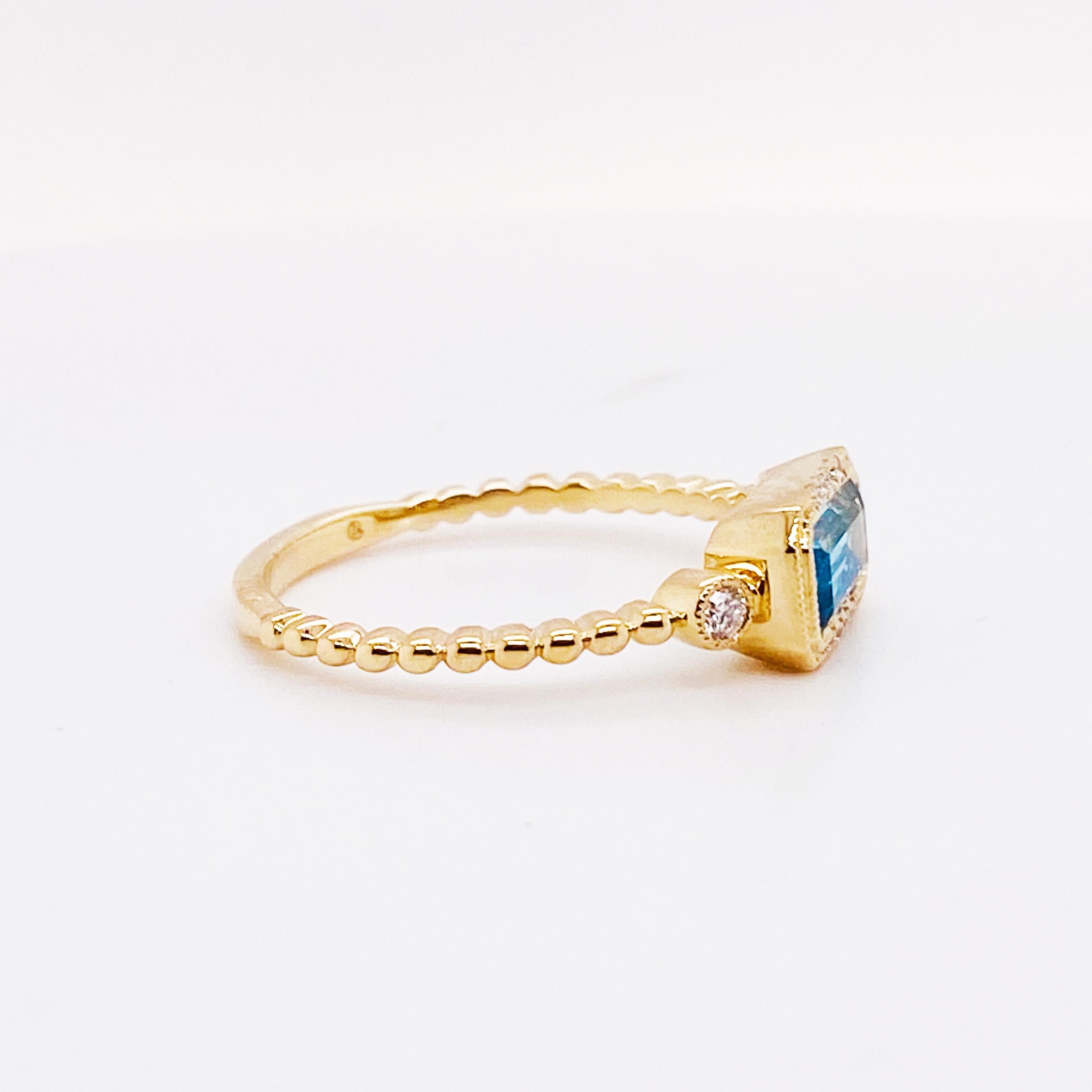 For Sale:  Blue Topaz Diamond Ring 14K Gold Emerald Cut Topaz Modern Ring, East to West 5