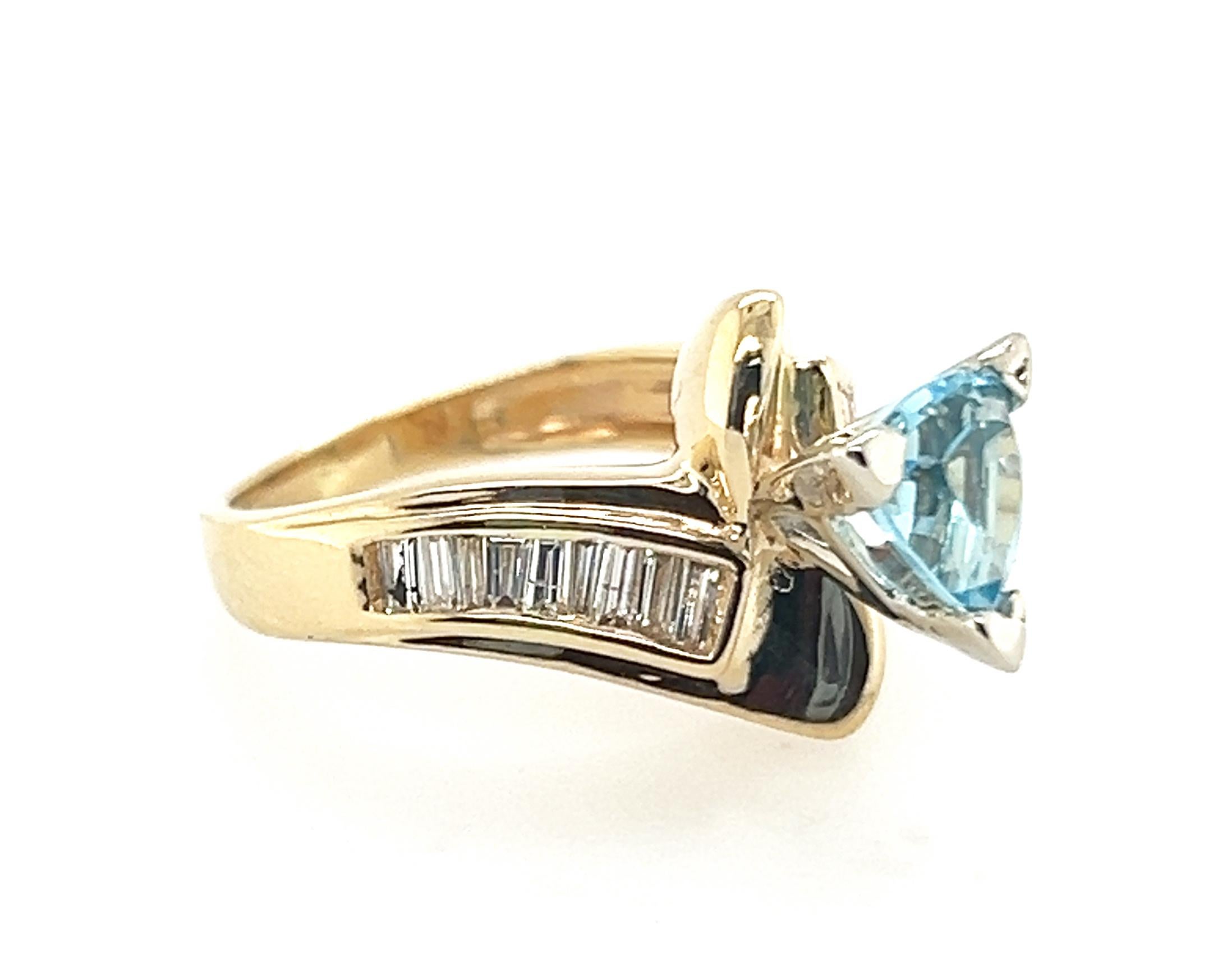 Women's Blue Topaz Diamond Ring 1.56ct Flawless Trillion Cut with Baguettes 14K Gold For Sale