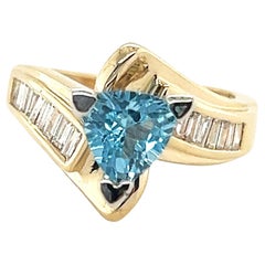 Blue Topaz Diamond Ring 1.56ct Flawless Trillion Cut with Baguettes 14K Gold