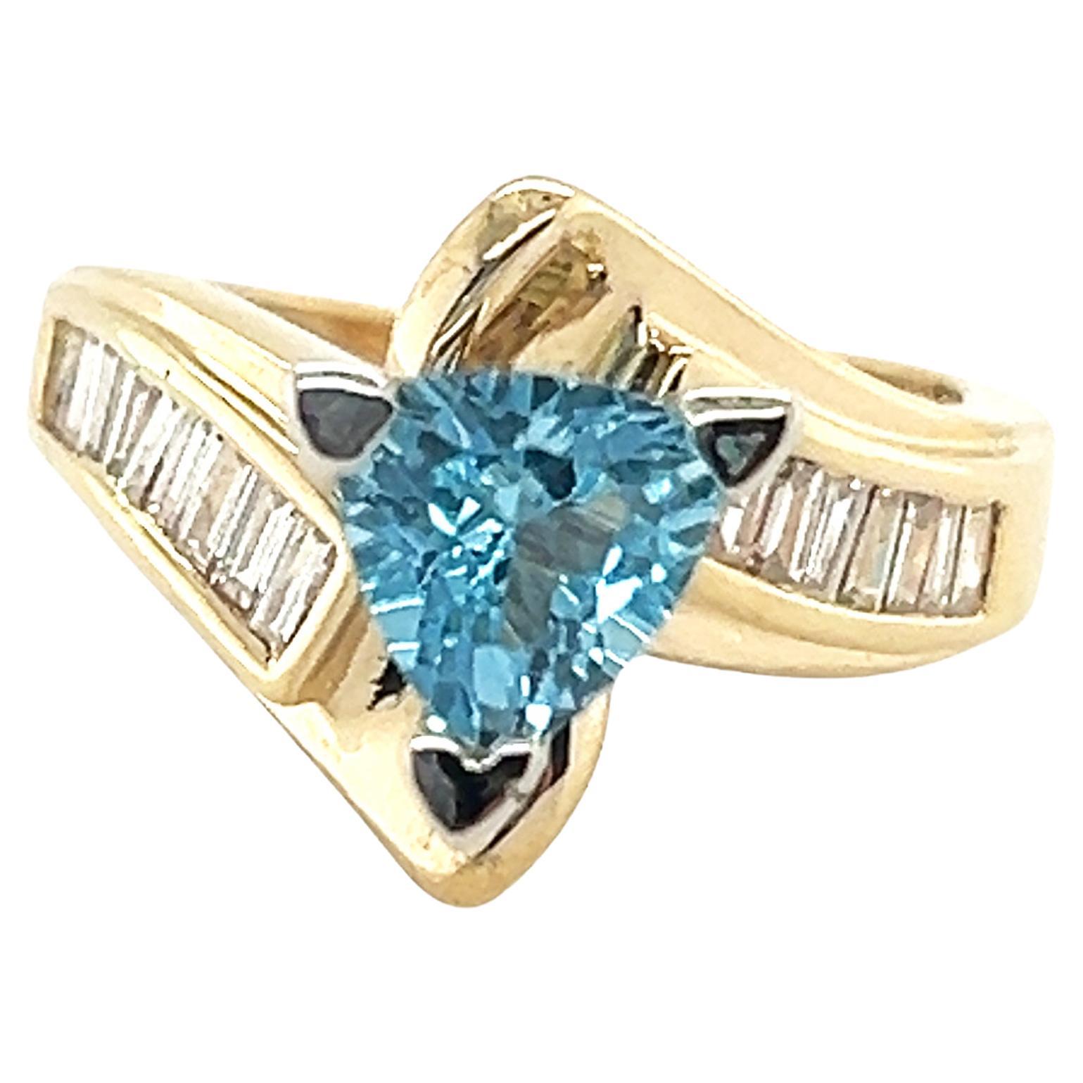 Blue Topaz Diamond Ring 1.56ct Flawless Trillion Cut with Baguettes 14K Gold For Sale