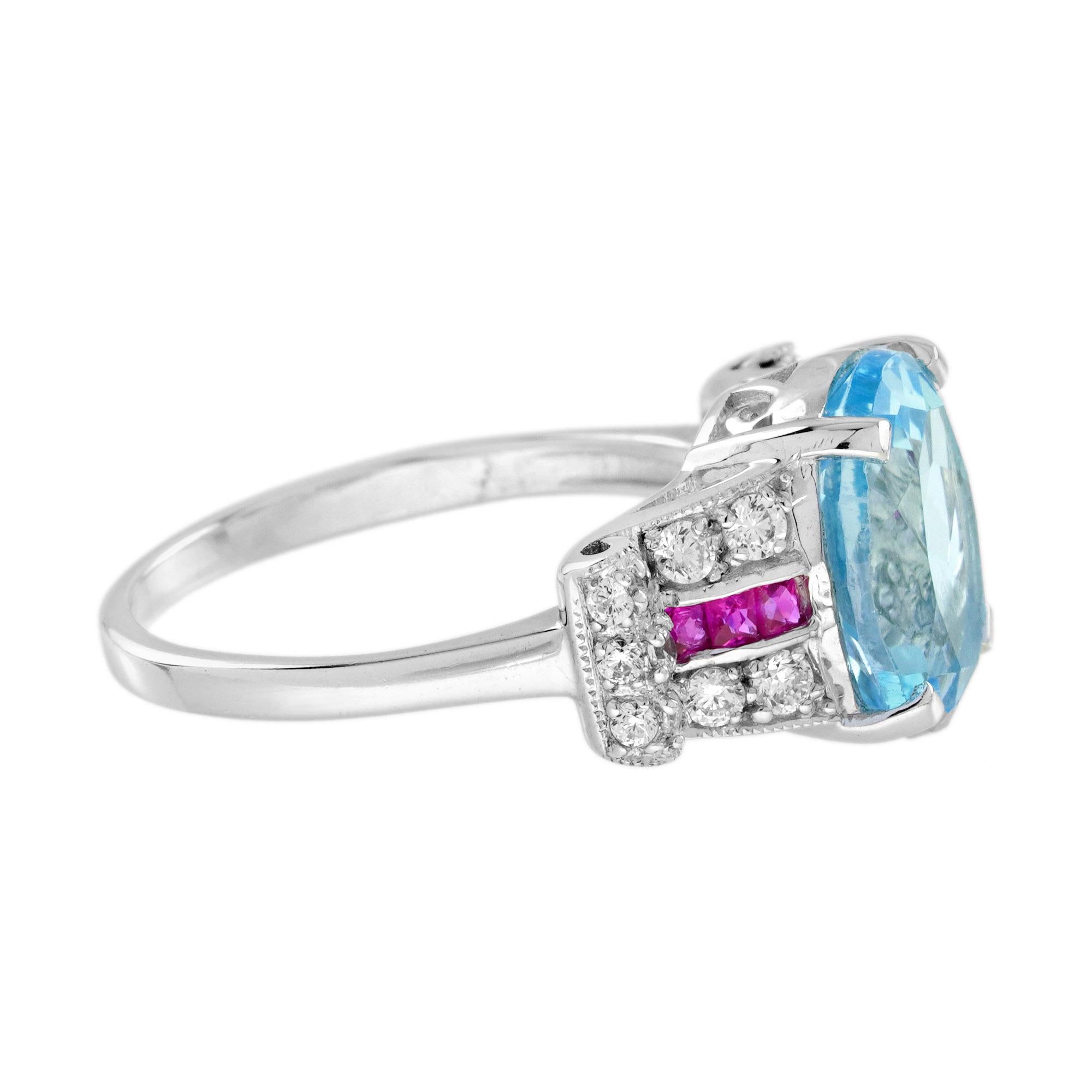 Oval Cut Blue Topaz Diamond Ruby Art Deco Style Engagement Ring in 18K white Gold For Sale
