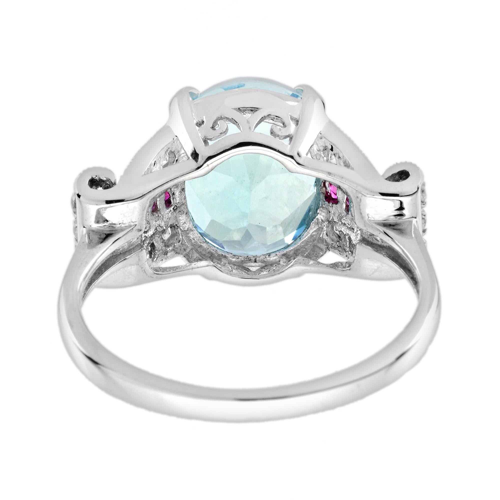 Blue Topaz Diamond Ruby Art Deco Style Engagement Ring in 18K white Gold In New Condition For Sale In Bangkok, TH