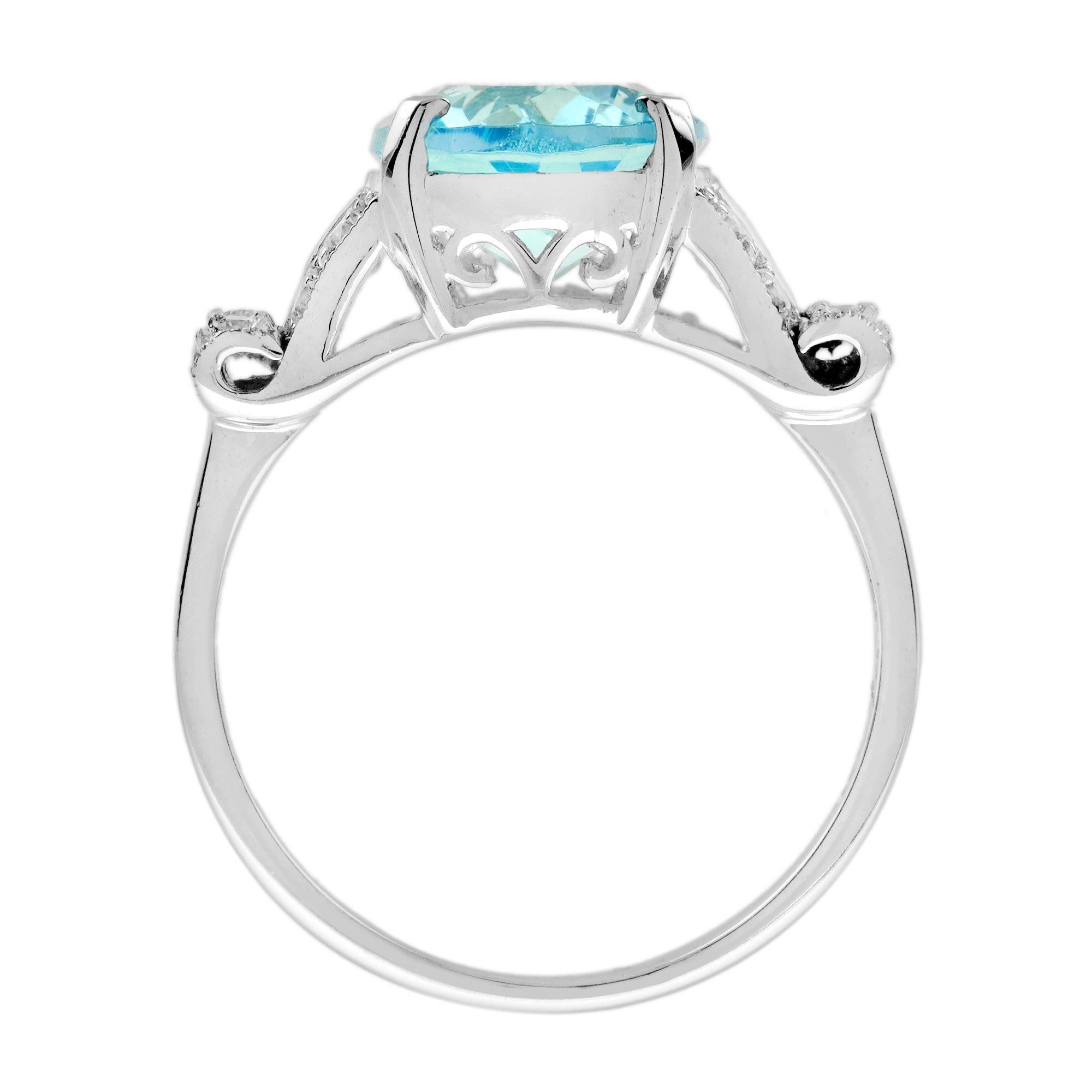 Women's Blue Topaz Diamond Ruby Art Deco Style Engagement Ring in 18K white Gold For Sale