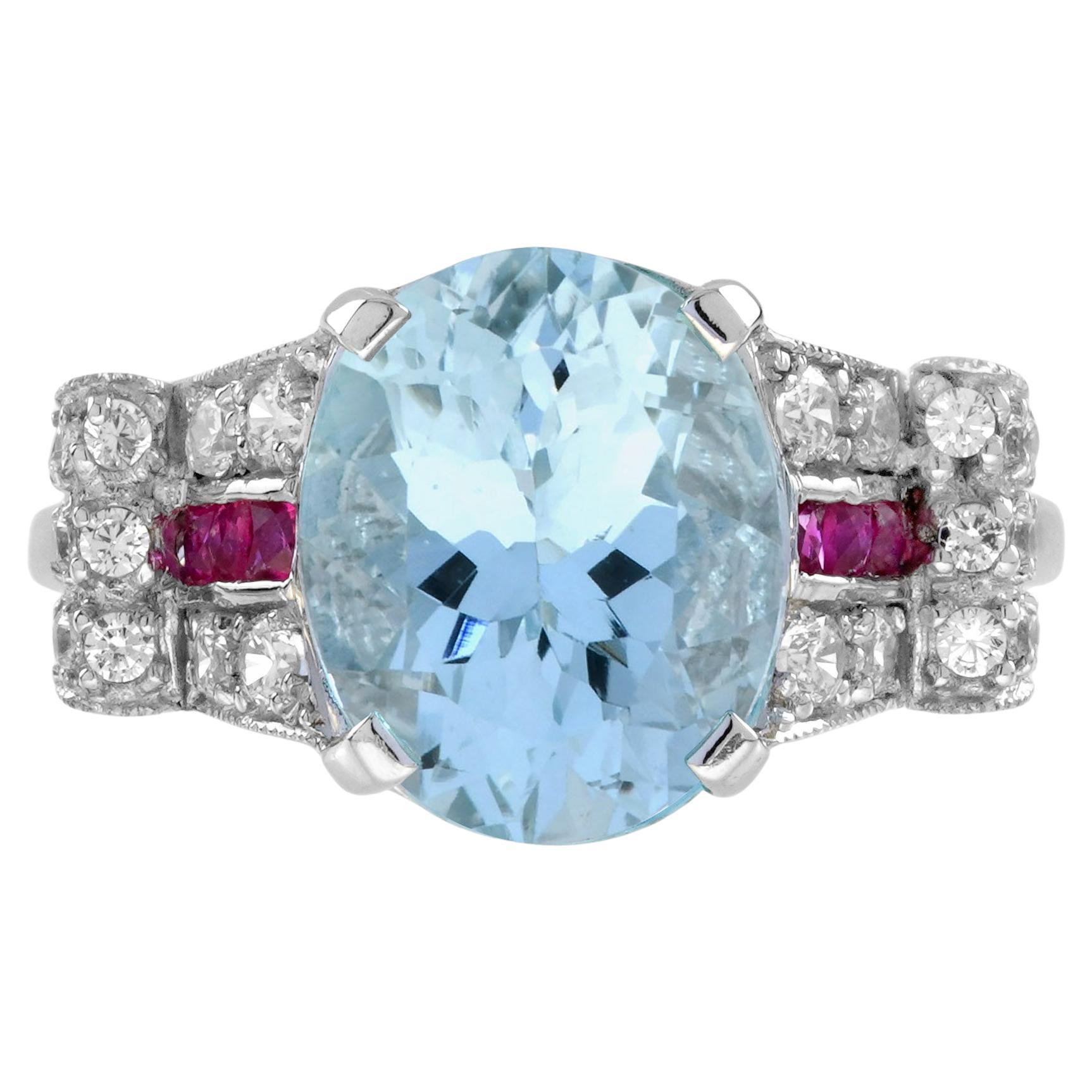 Verlobungsring aus 18 Karat Weißgold mit blauem Topas, Diamant und Rubin im Art-déco-Stil