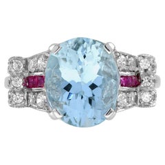 Blue Topaz Diamond Ruby Art Deco Style Engagement Ring in 18K white Gold