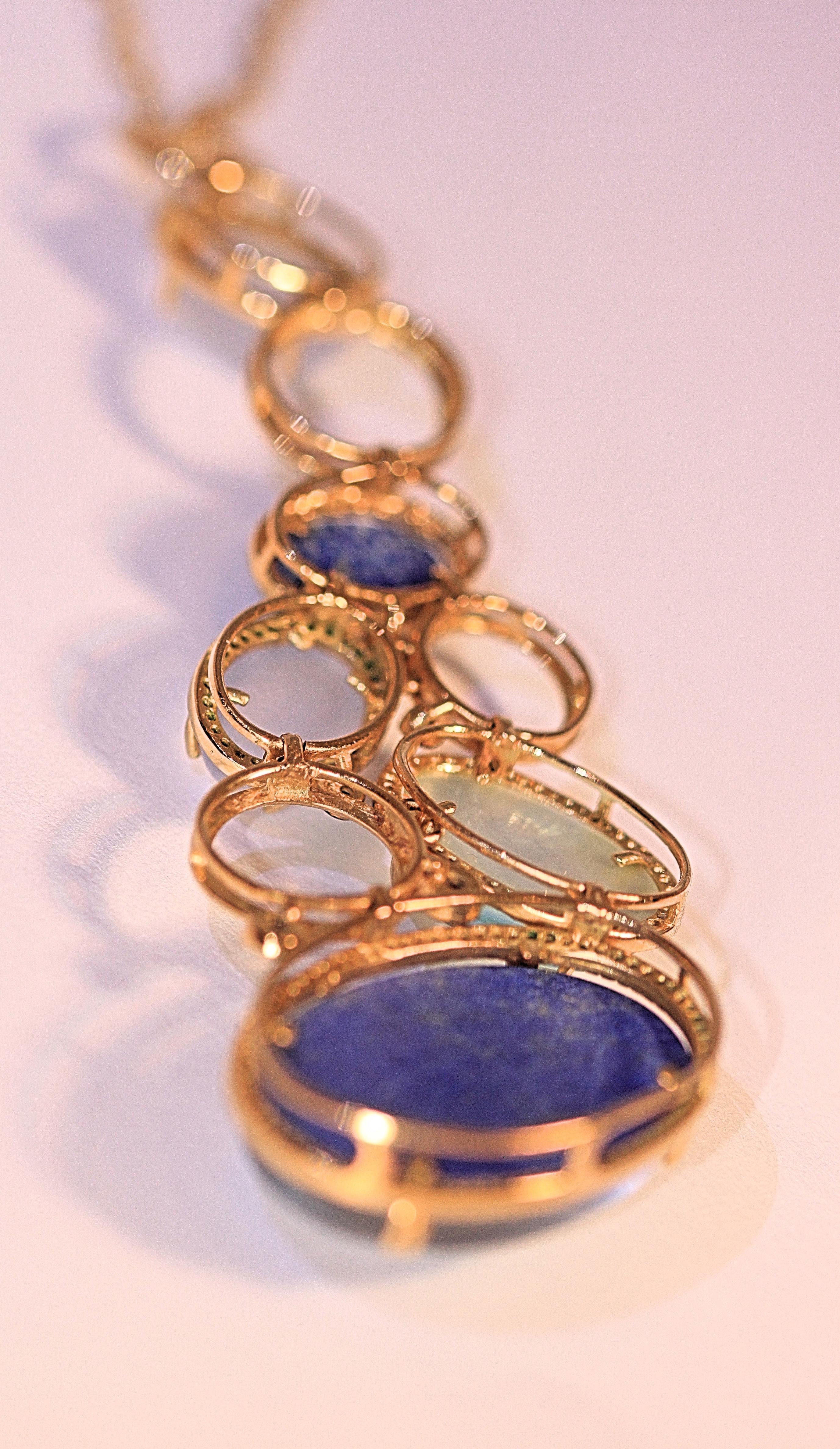 Blue Topaz Diamond Sapphire Pendant Necklace 18 Karat Yellow Gold For Sale 5