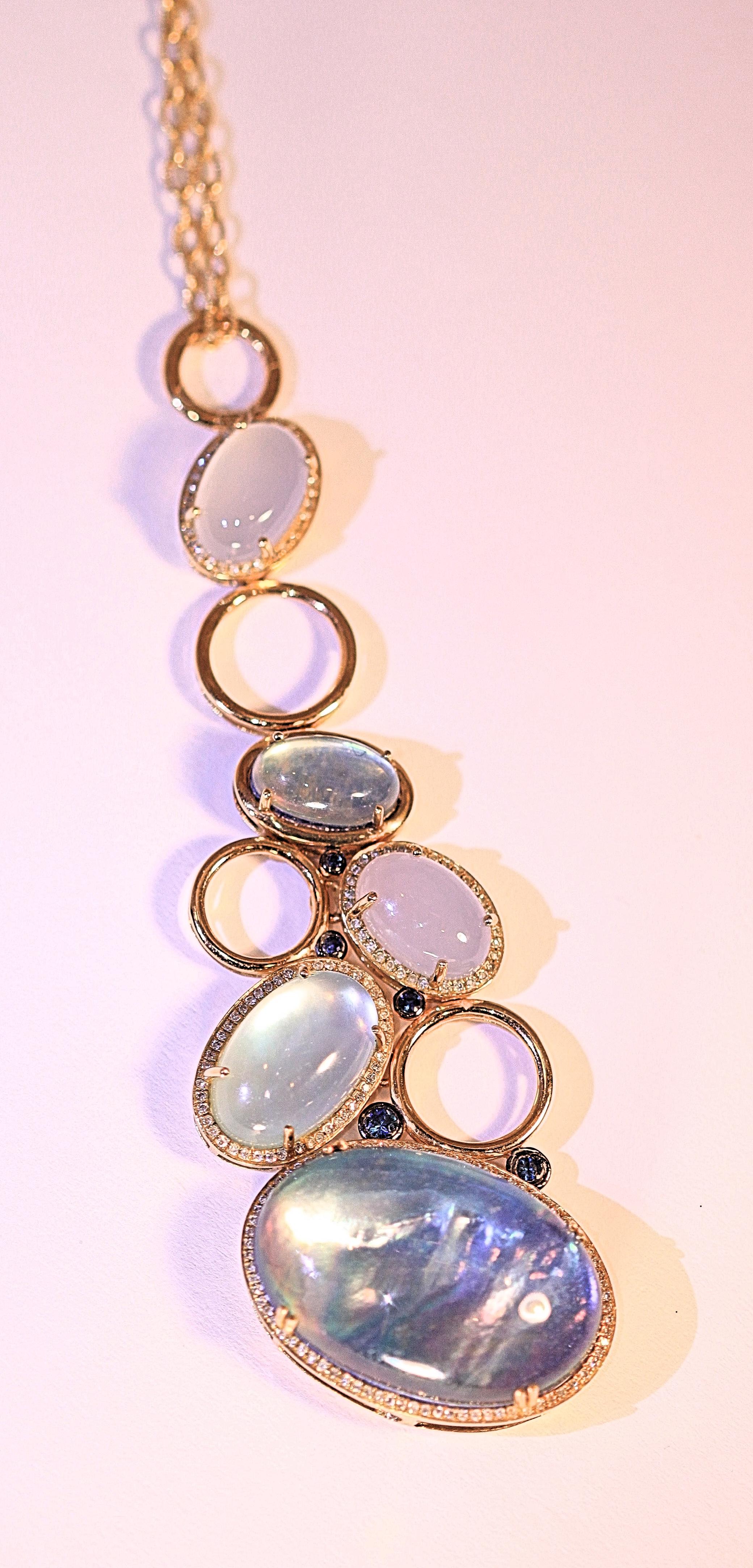 Women's Blue Topaz Diamond Sapphire Pendant Necklace 18 Karat Yellow Gold For Sale