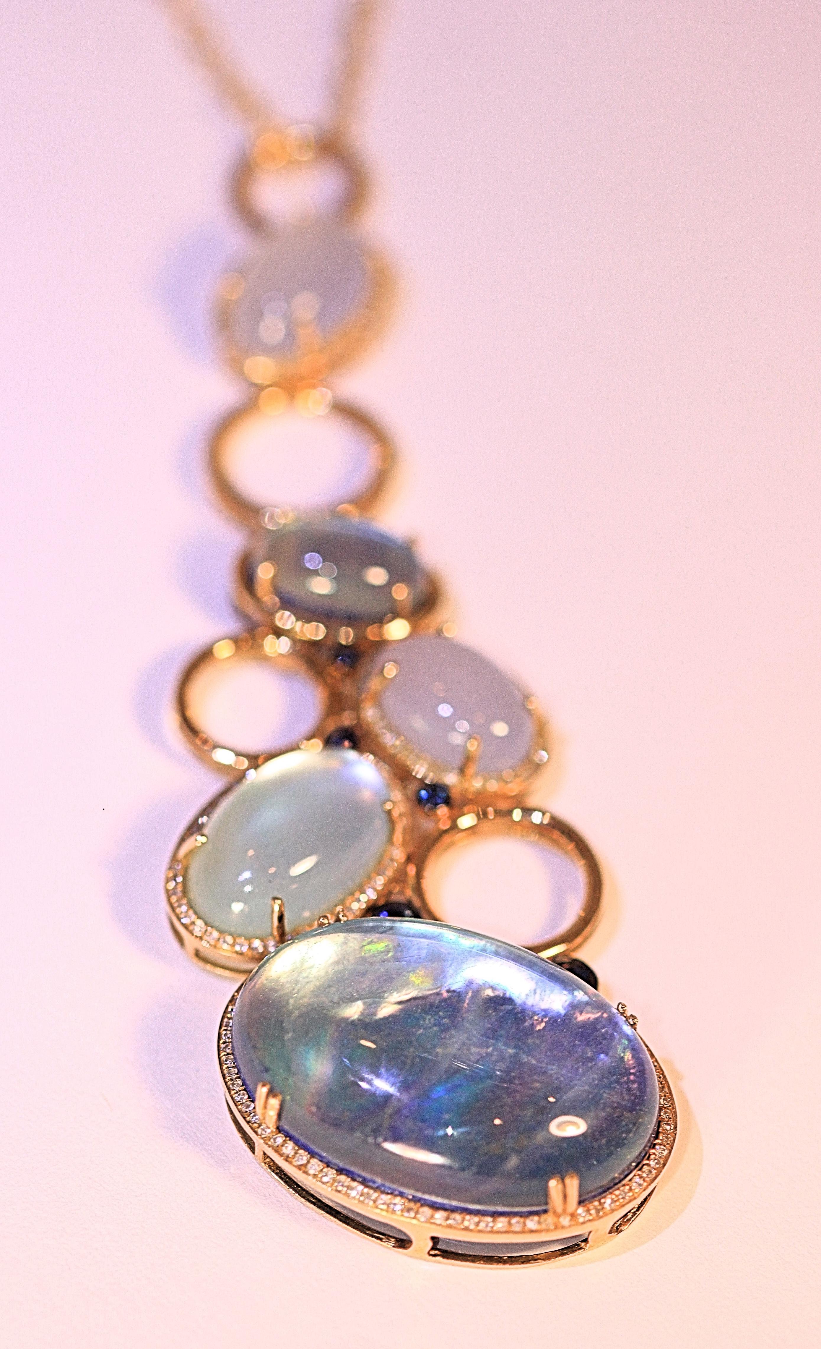 Blue Topaz Diamond Sapphire Pendant Necklace 18 Karat Yellow Gold For Sale 1