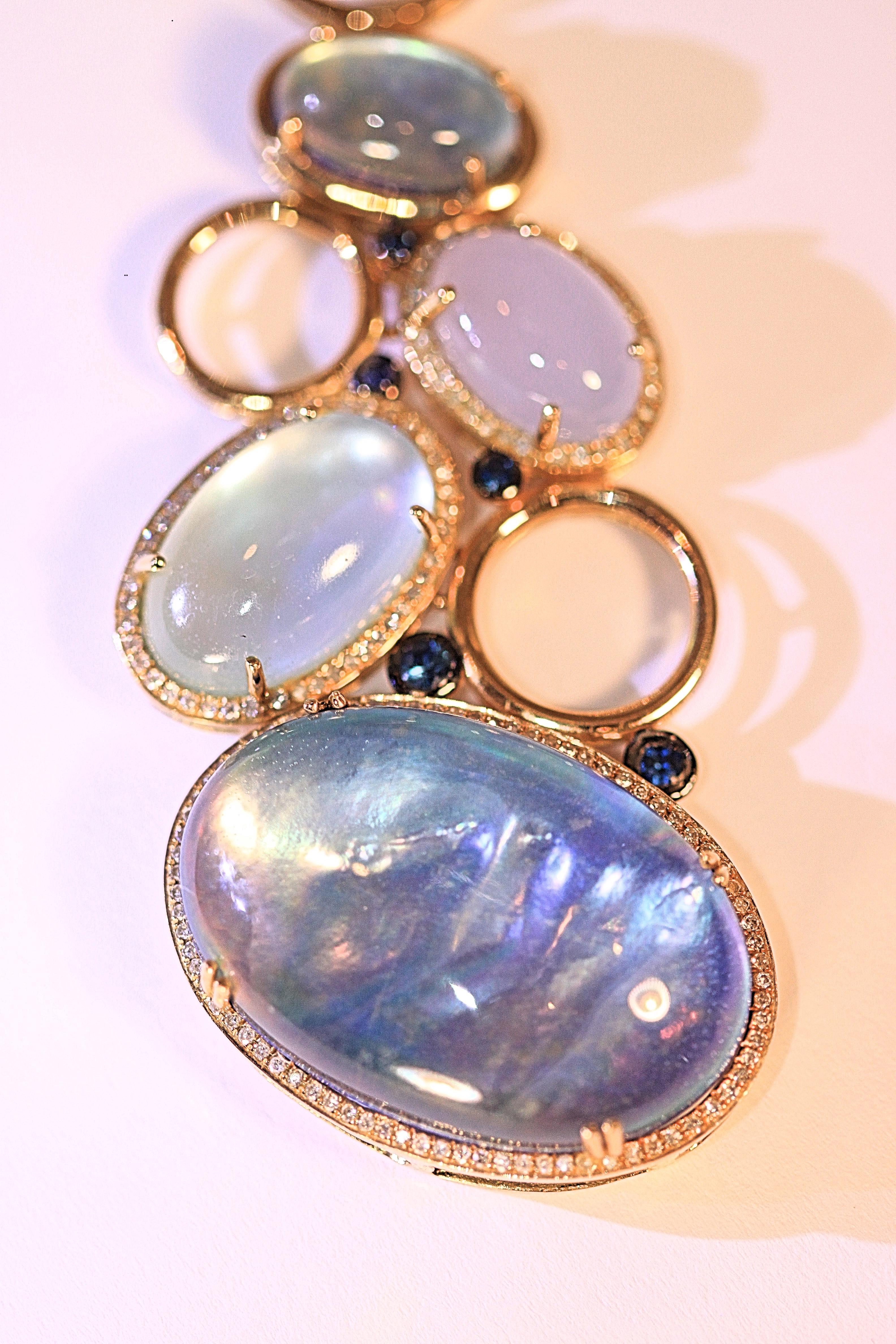 Blue Topaz Diamond Sapphire Pendant Necklace 18 Karat Yellow Gold For Sale 2