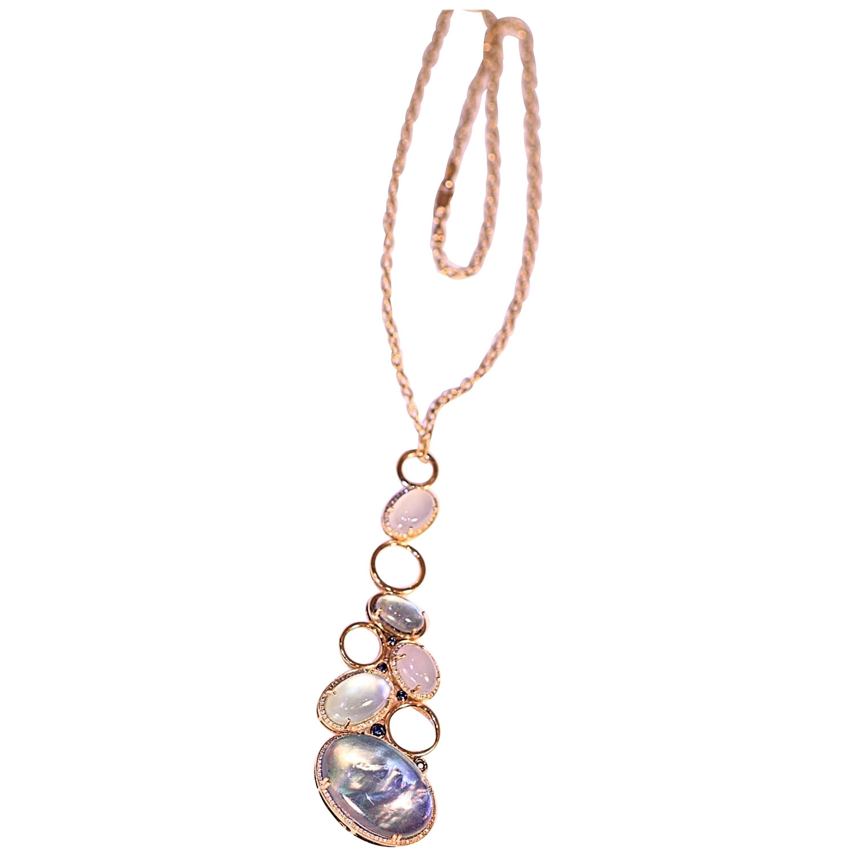Blue Topaz Diamond Sapphire Pendant Necklace 18 Karat Yellow Gold For Sale
